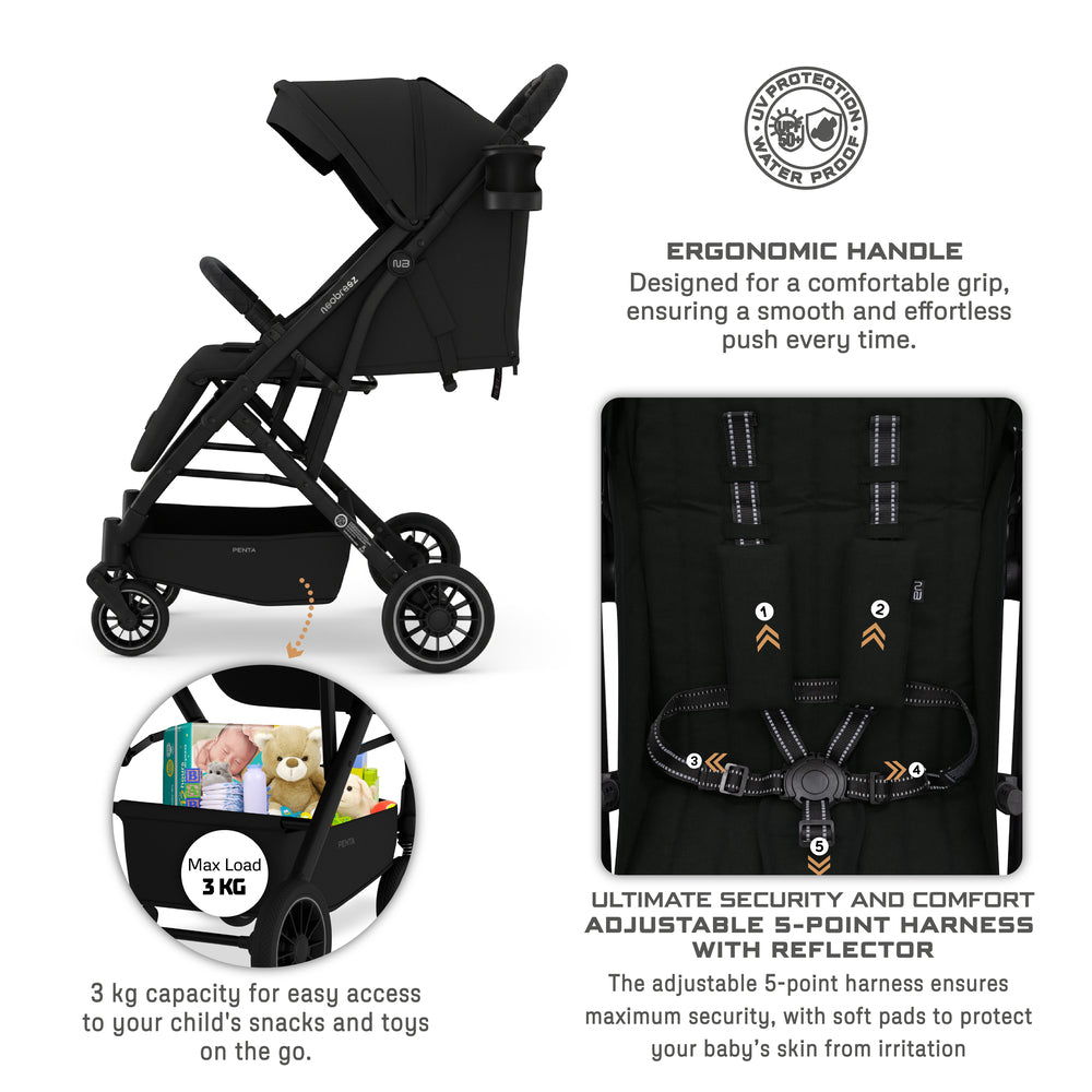 Neobreez Penta Compact Lightweight Travel Stroller with Cup Holder Black Neobreez Yallatoys