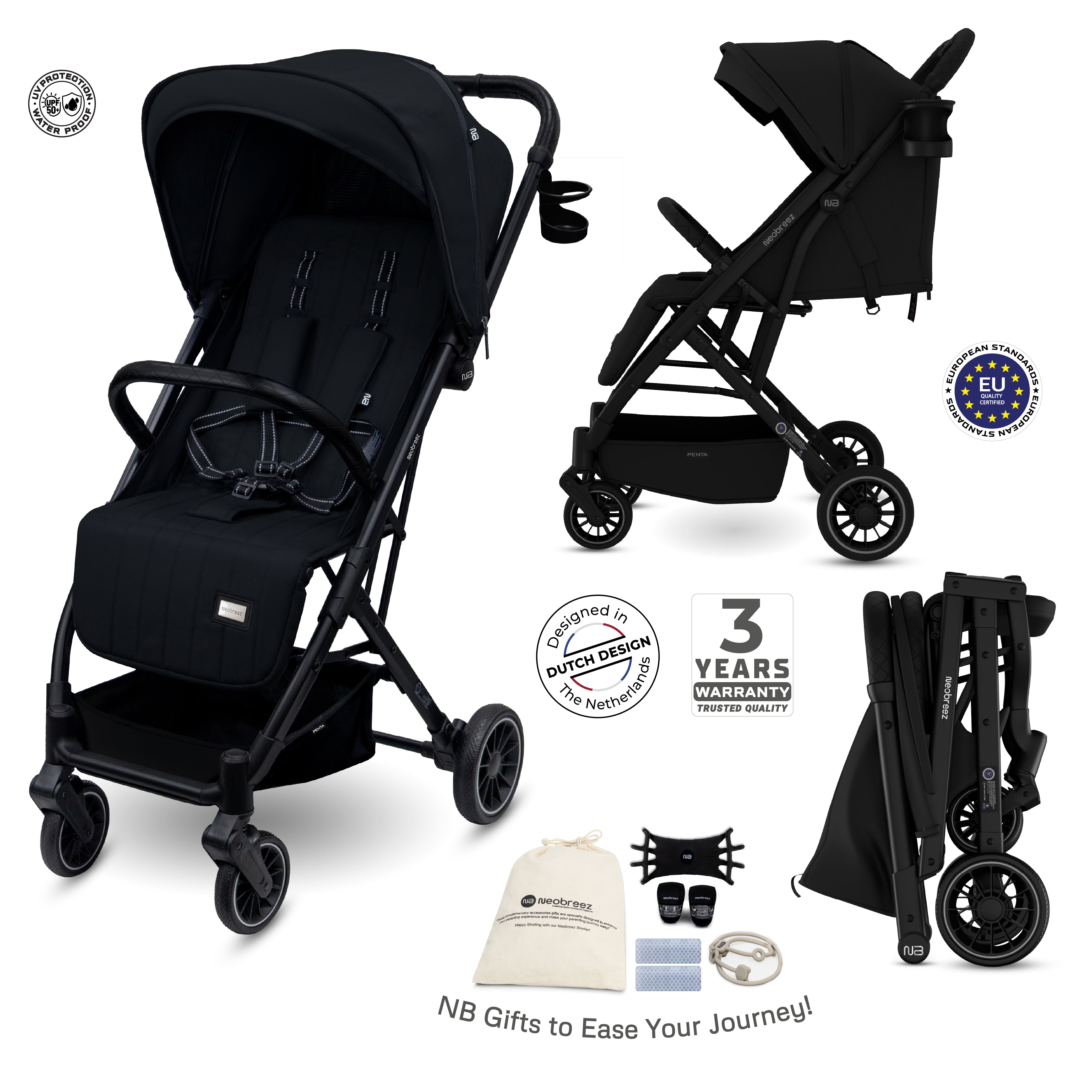Neobreez Penta Compact Lightweight Travel Stroller With Cup Holder Black
