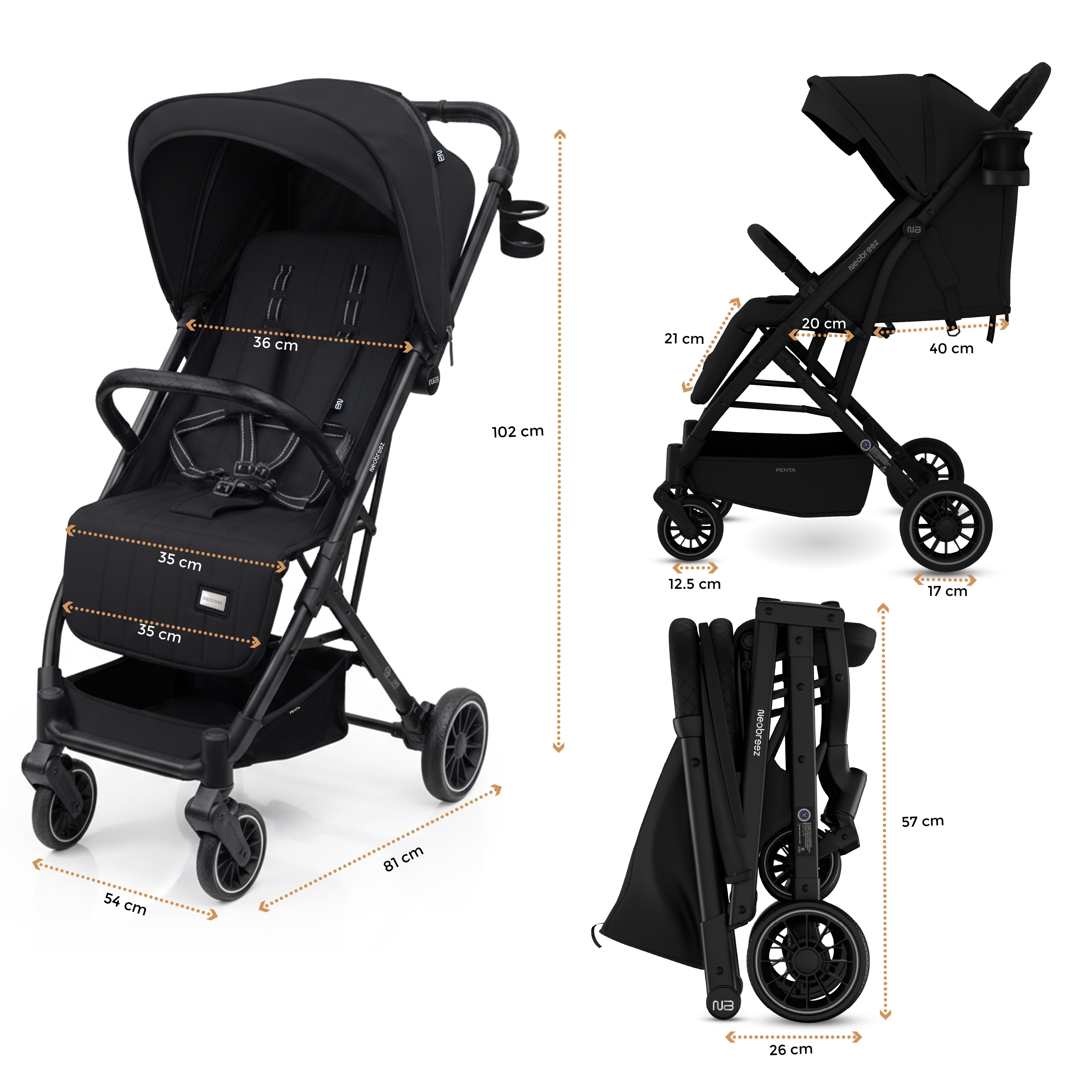 Neobreez Penta Compact Lightweight Travel Stroller With Cup Holder Black