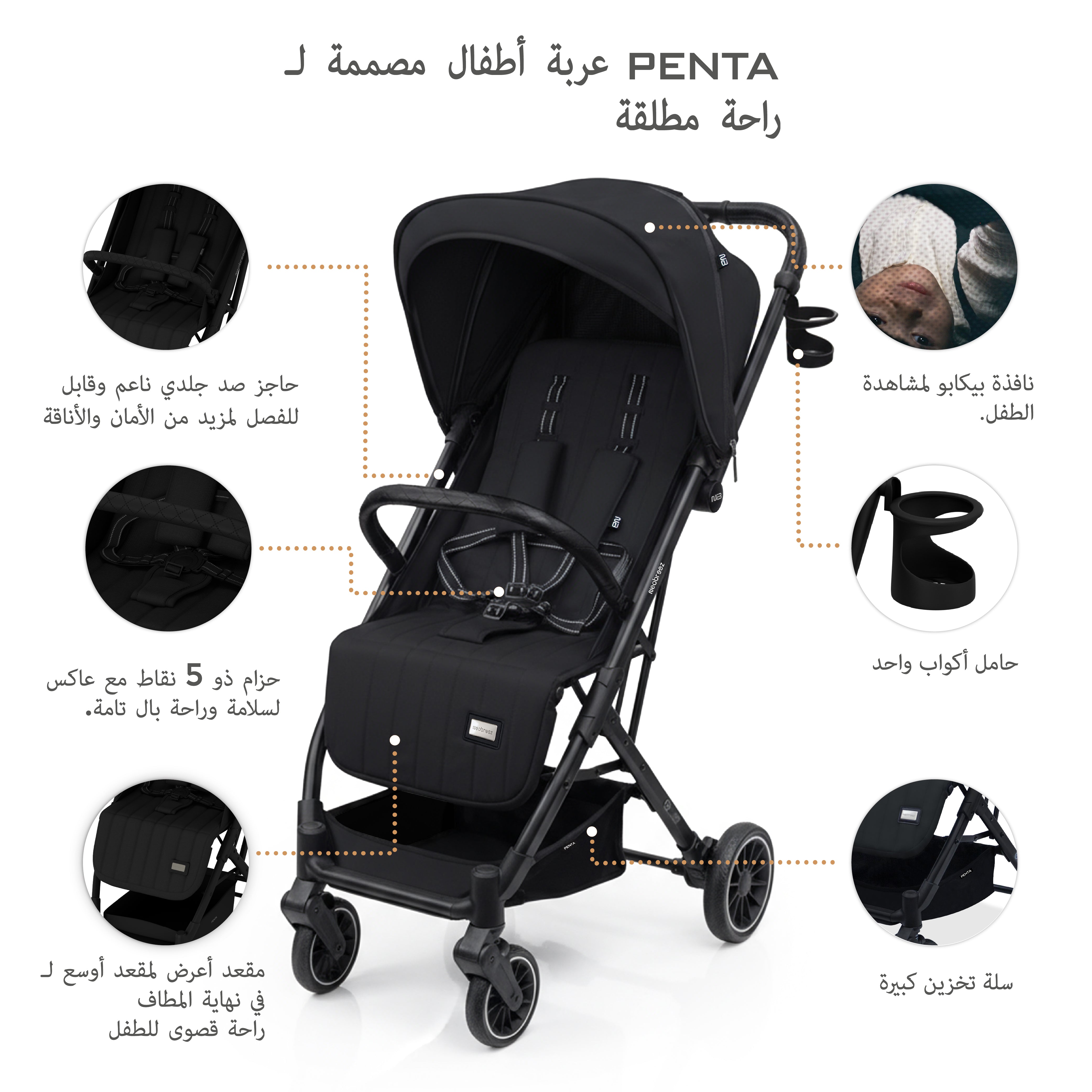 Neobreez Penta Compact Lightweight Travel Stroller With Cup Holder Black