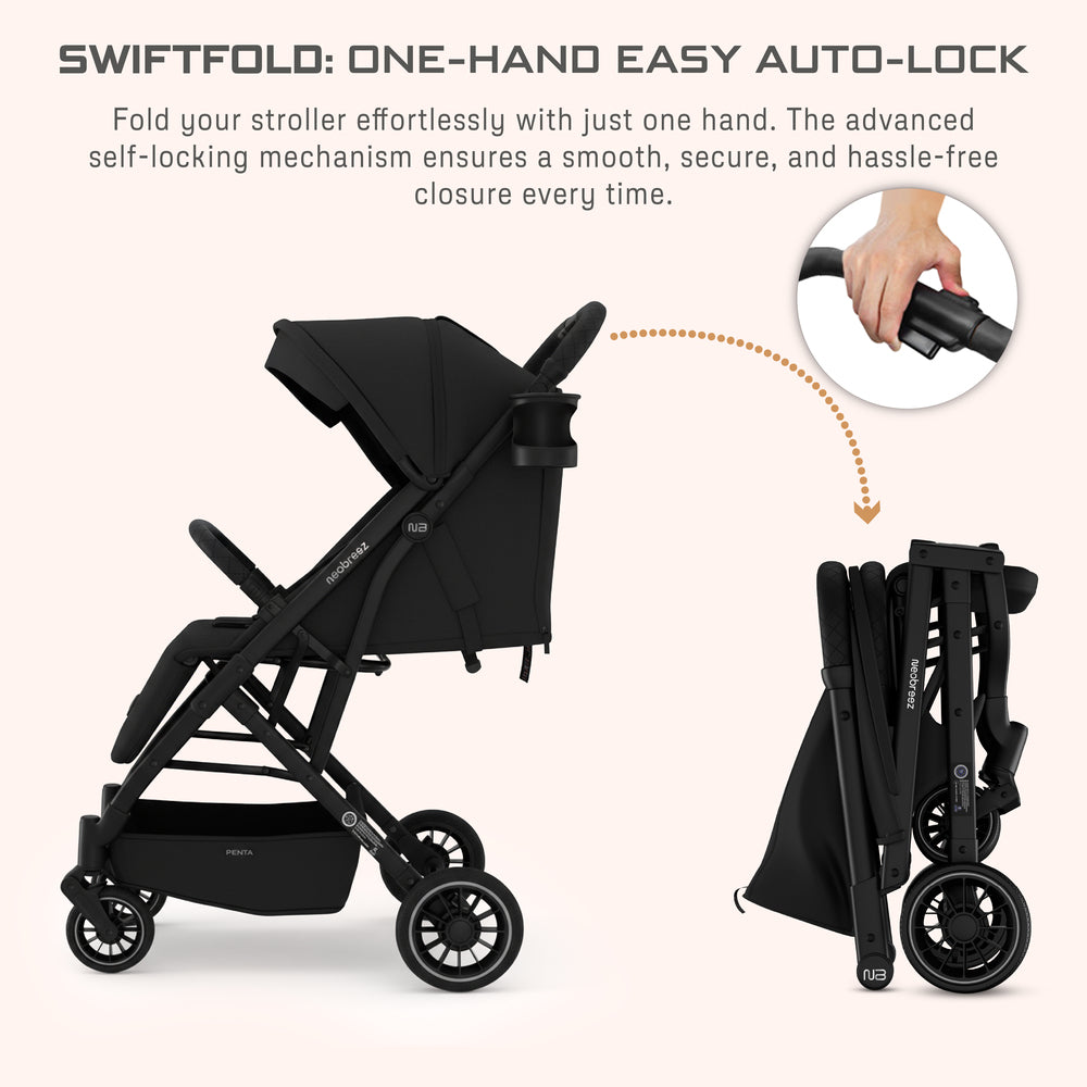 Neobreez Penta Compact Lightweight Travel Stroller with Cup Holder Black Neobreez Yallatoys
