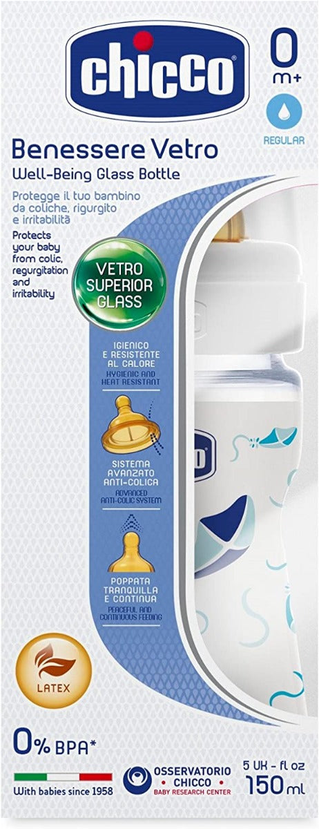 Chicco Well Being Glass Bottle Deco For Boys 150ML - Normal Flow -  Latex Chicco Yallatoys