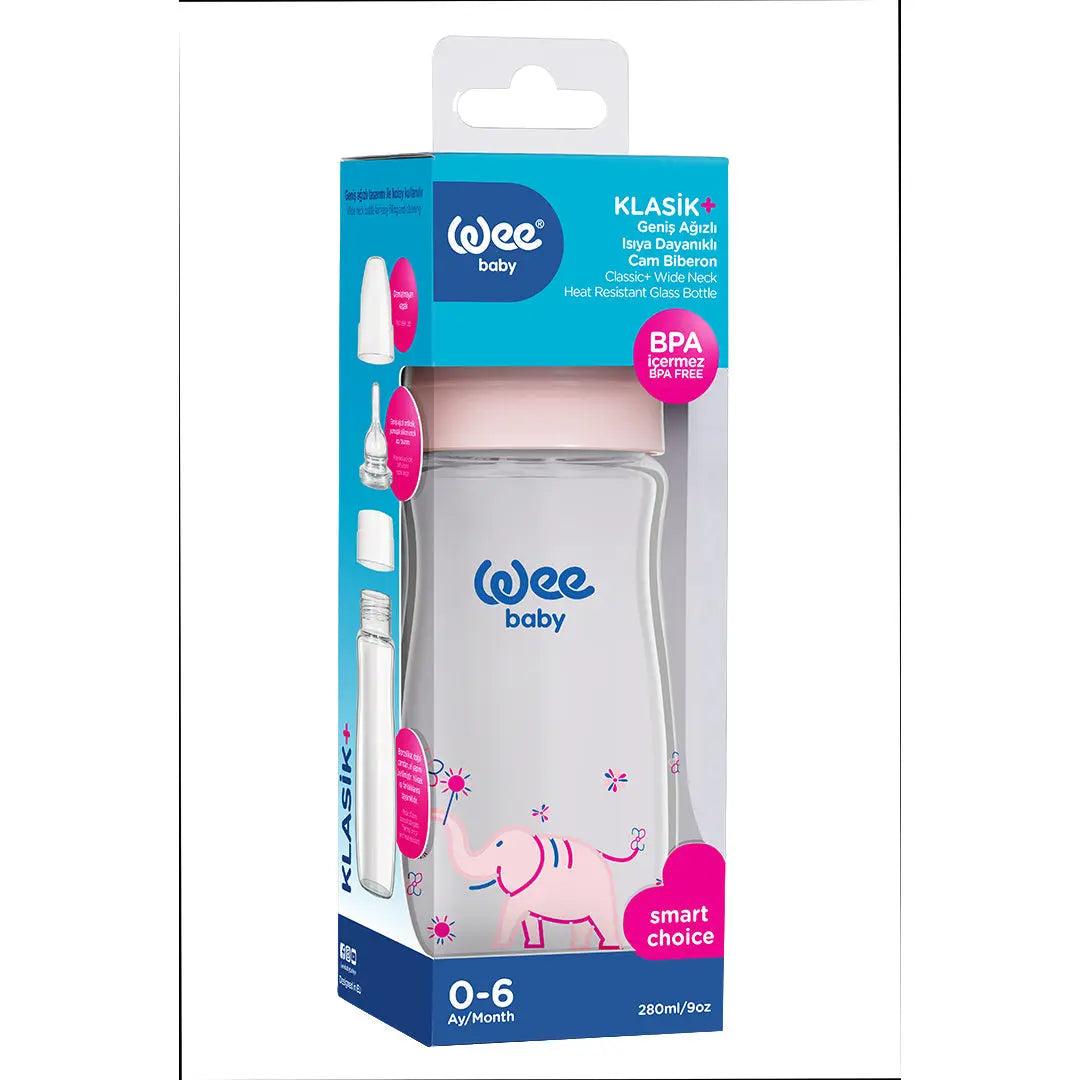 Wee Baby Heat Resistant Patterned Classical Wide Neck Glass Fedding Bottle 280ml (Sold Separately Subject to Availability) Wee Baby