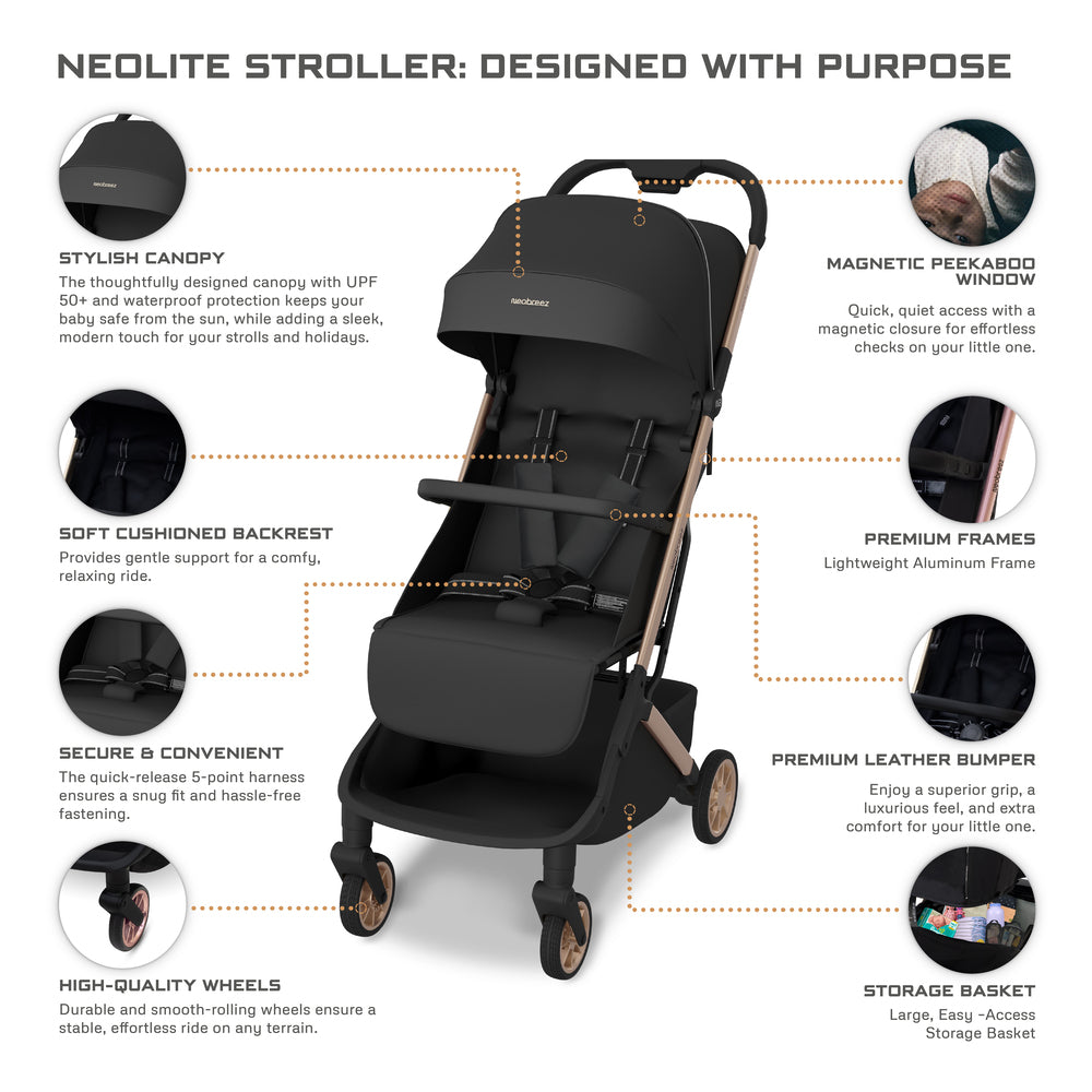 Neobreez Neolite Ultra Lightweight Cabin Size Travel Stroller Black Neobreez Yallatoys