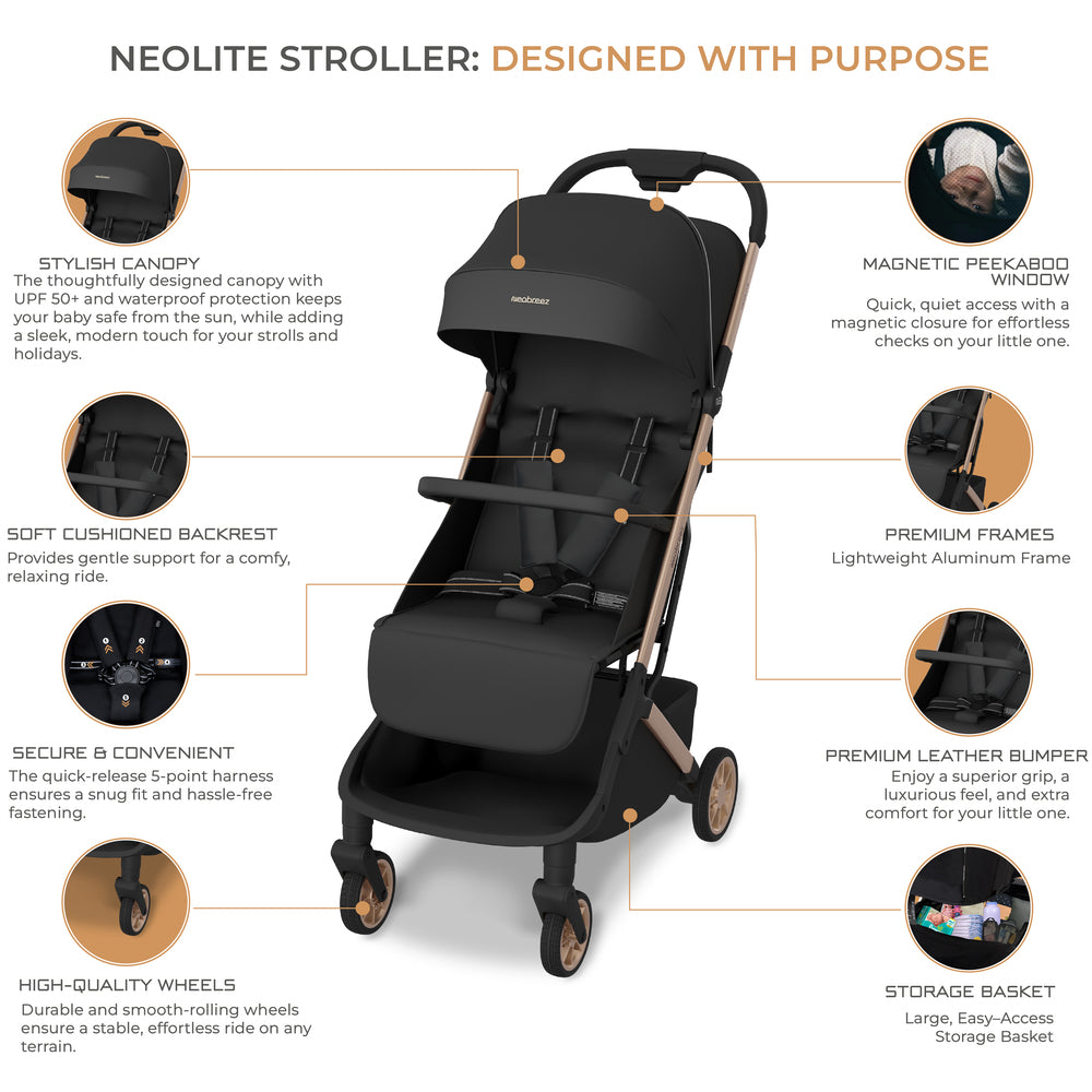 Neobreez Neolite Ultra Lightweight Cabin Size Travel Stroller Black
