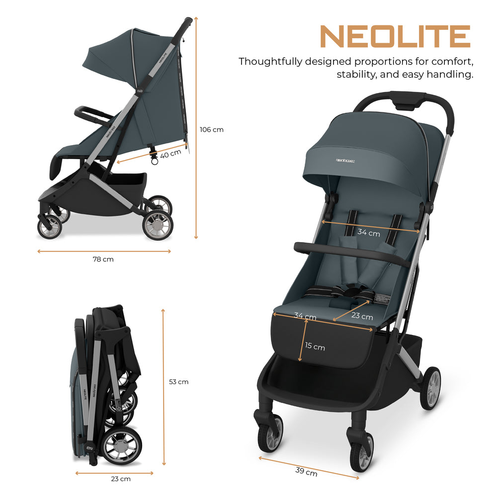 عربة أطفال Neobreez Neolite خفيفة الوزن للغاية بحجم المقصورة باللون الرمادي/الأسود
