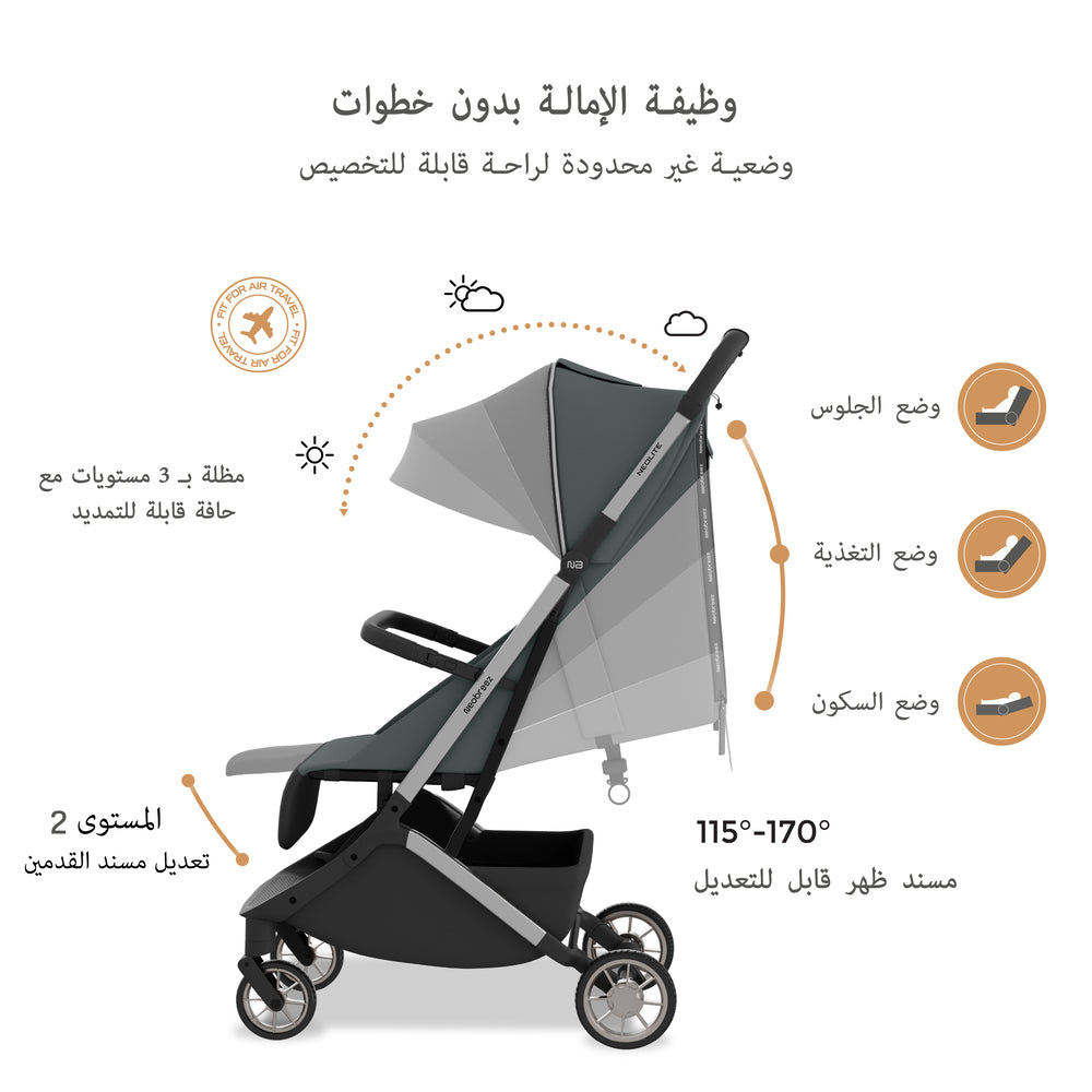 عربة أطفال Neobreez Neolite خفيفة الوزن للغاية بحجم المقصورة باللون الرمادي/الأسود