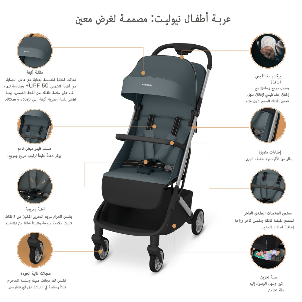 عربة أطفال Neobreez Neolite خفيفة الوزن للغاية بحجم المقصورة باللون الرمادي/الأسود