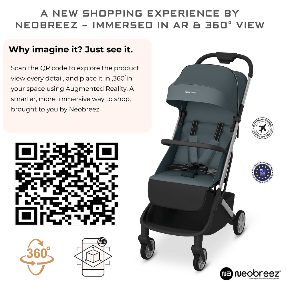 عربة أطفال Neobreez Neolite خفيفة الوزن للغاية بحجم المقصورة باللون الرمادي/الأسود