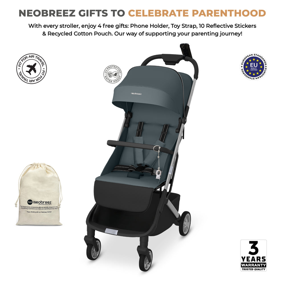 عربة أطفال Neobreez Neolite خفيفة الوزن للغاية بحجم المقصورة باللون الرمادي/الأسود