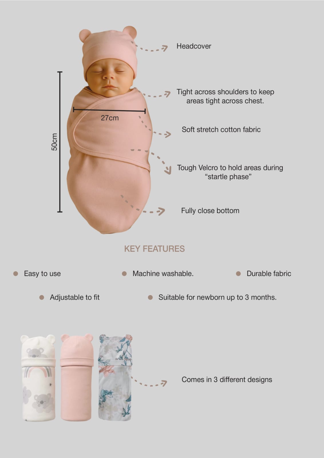 Kinder Valley Adjustable Cocoon Swaddle Swrap Trio Headcover Kinder Valley Yallatoys