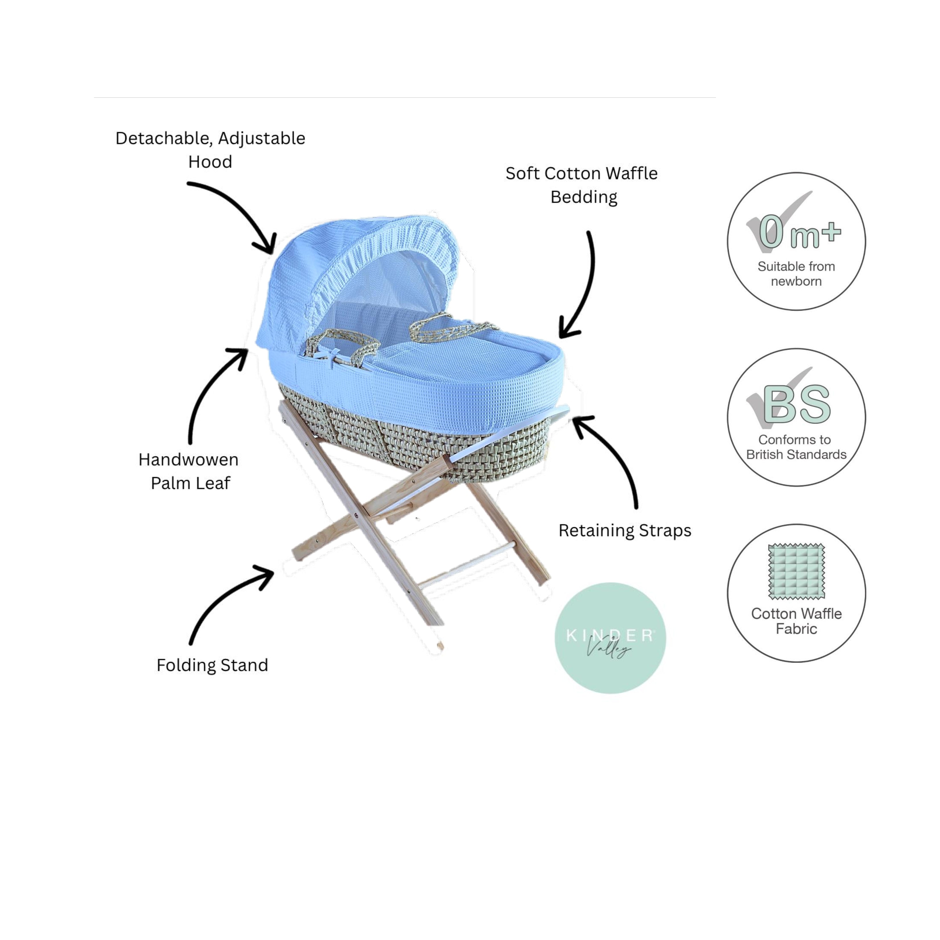 Kinder Valley Elegant Waffle Moses Basket with Folding Stand Blue Kinder Valley Yallatoys
