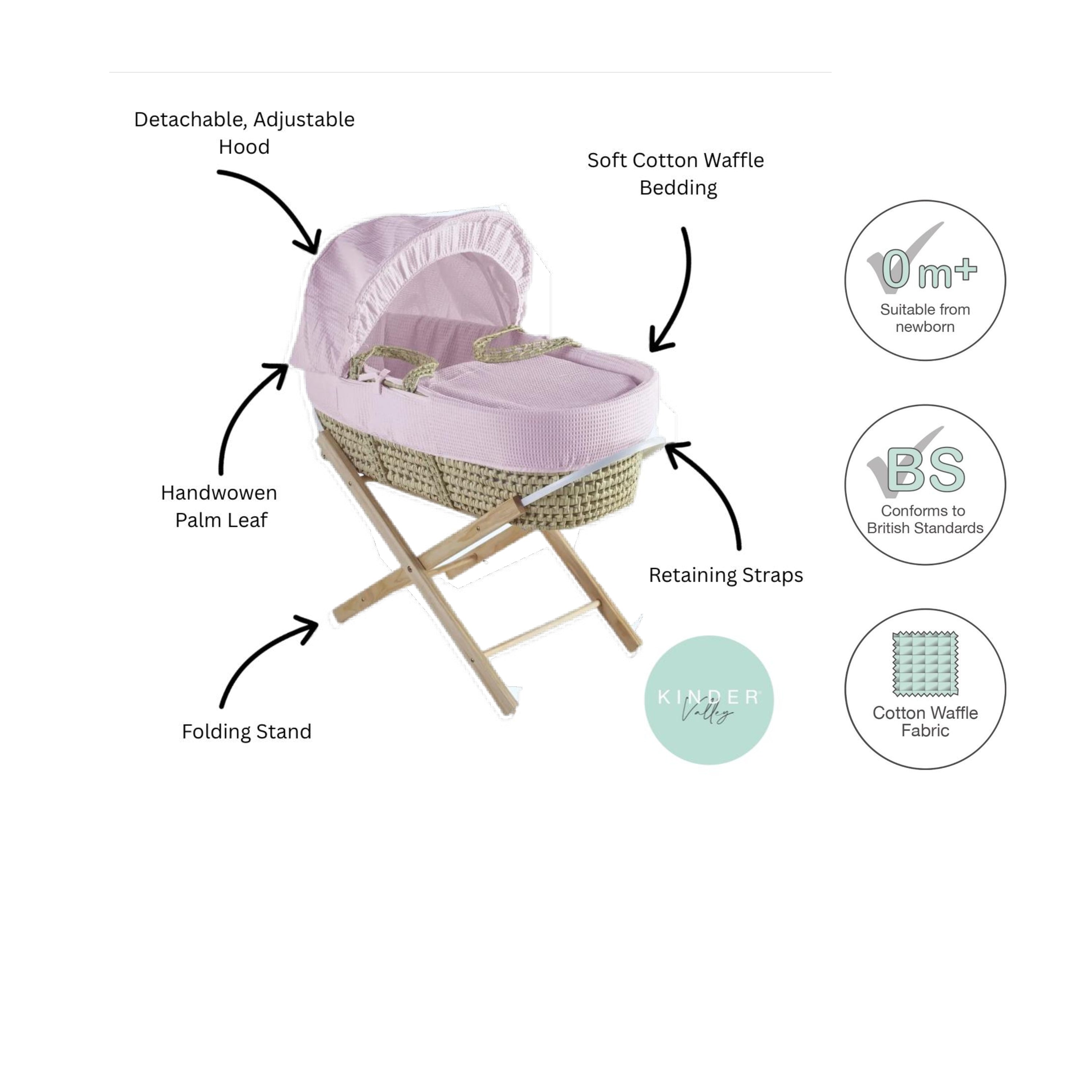Kinder Valley Elegant Waffle Moses Basket With Folding Stand Pink Kinder Valley Yallatoys