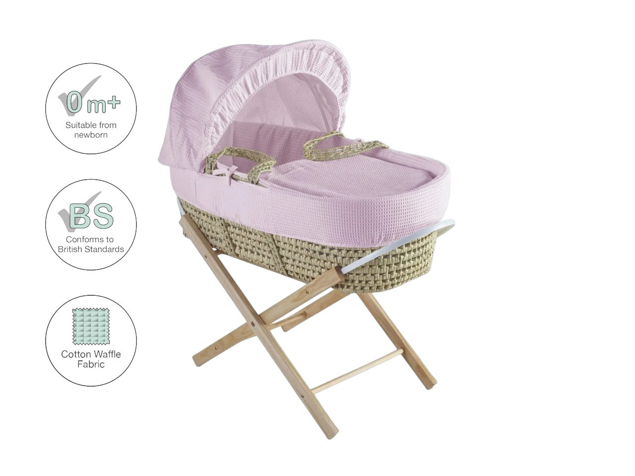 Kinder Valley Elegant Waffle Moses Basket With Folding Stand Pink Kinder Valley Yallatoys