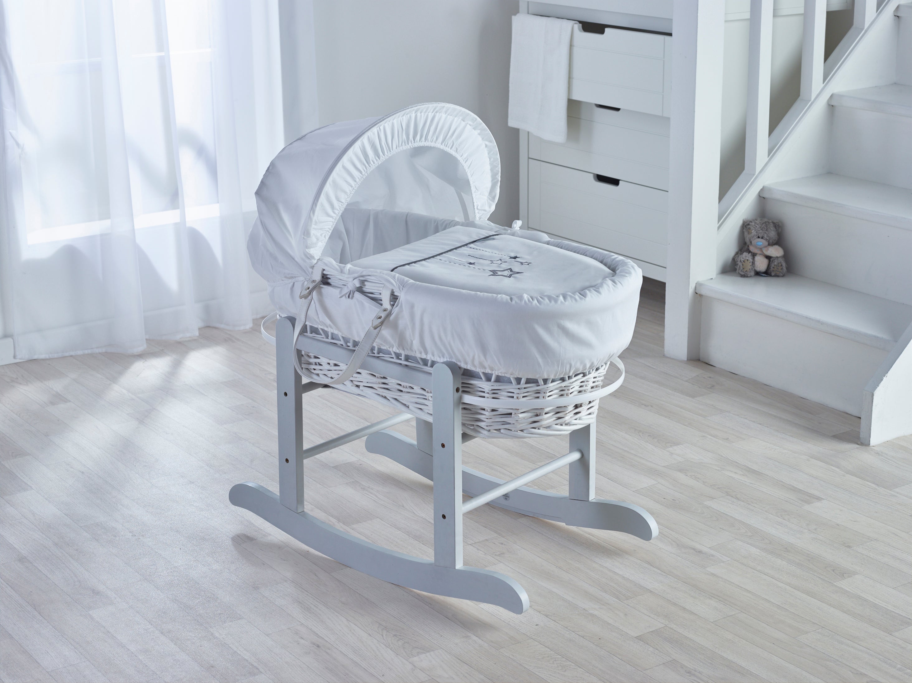 Kinder Valley White Wish Upon a Star Wicker Basket with Grey Little Gem Rocking Stand Kinder Valley Yallatoys