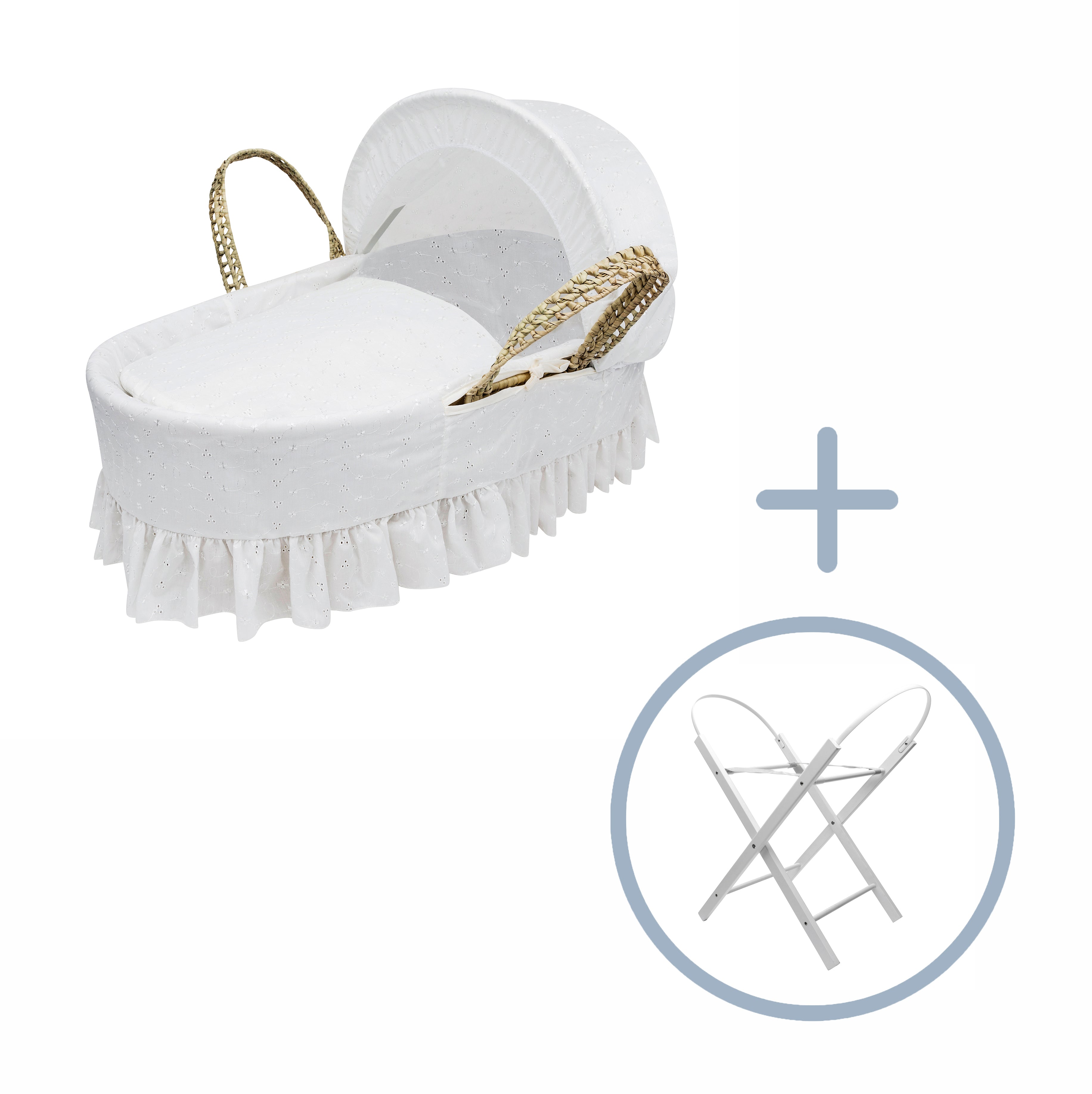 Kinder Valley Broderie Anglaise White Palm Moses Basket with Folding Stand Kinder Valley Yallatoys