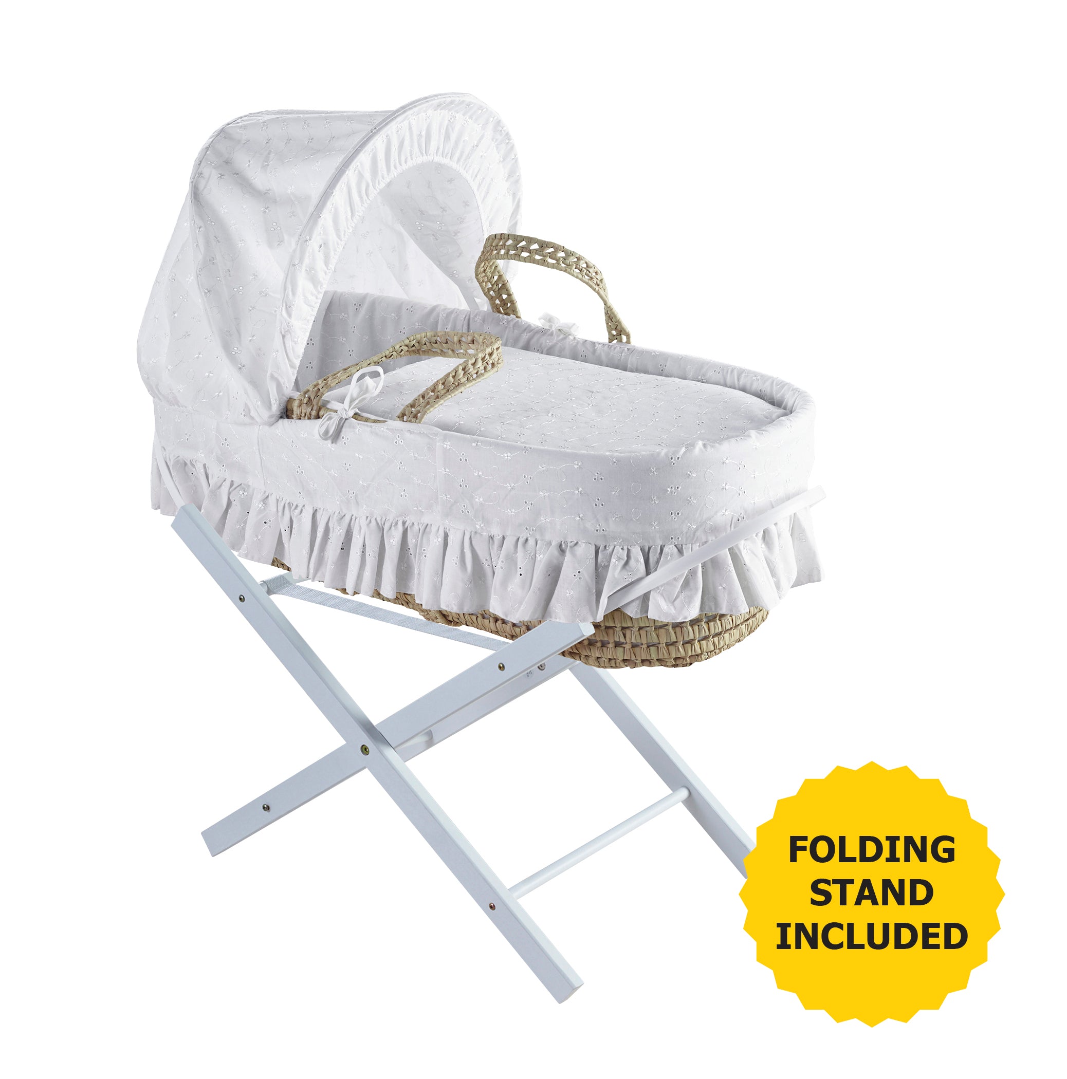 Kinder Valley Broderie Anglaise White Palm Moses Basket with Folding Stand Kinder Valley Yallatoys