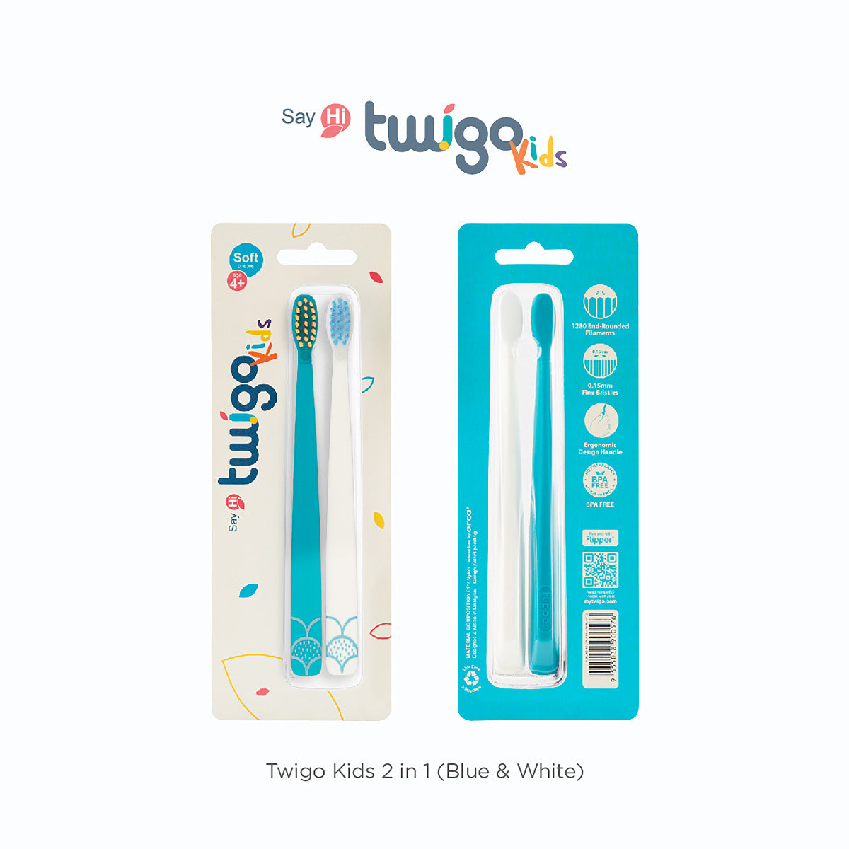Flipper 2 Piece Twigo Toothbrush for Kids Blue and White Flipper Yallatoys