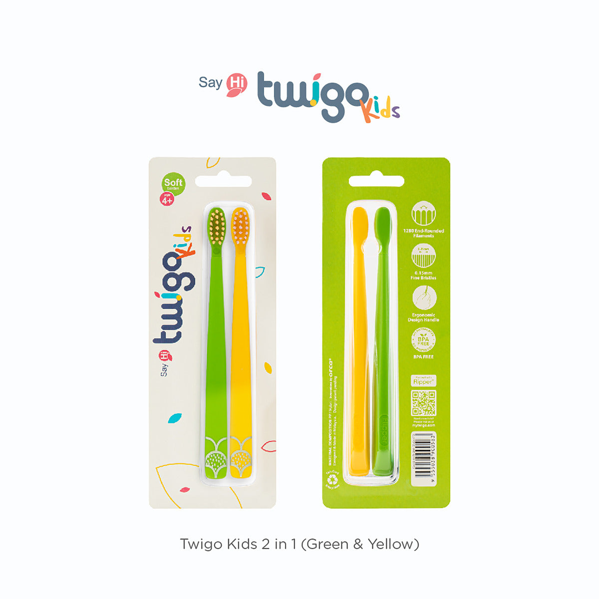 Flipper 2 Piece Twigo Toothbrush for Kids Green and Yellow Flipper Yallatoys