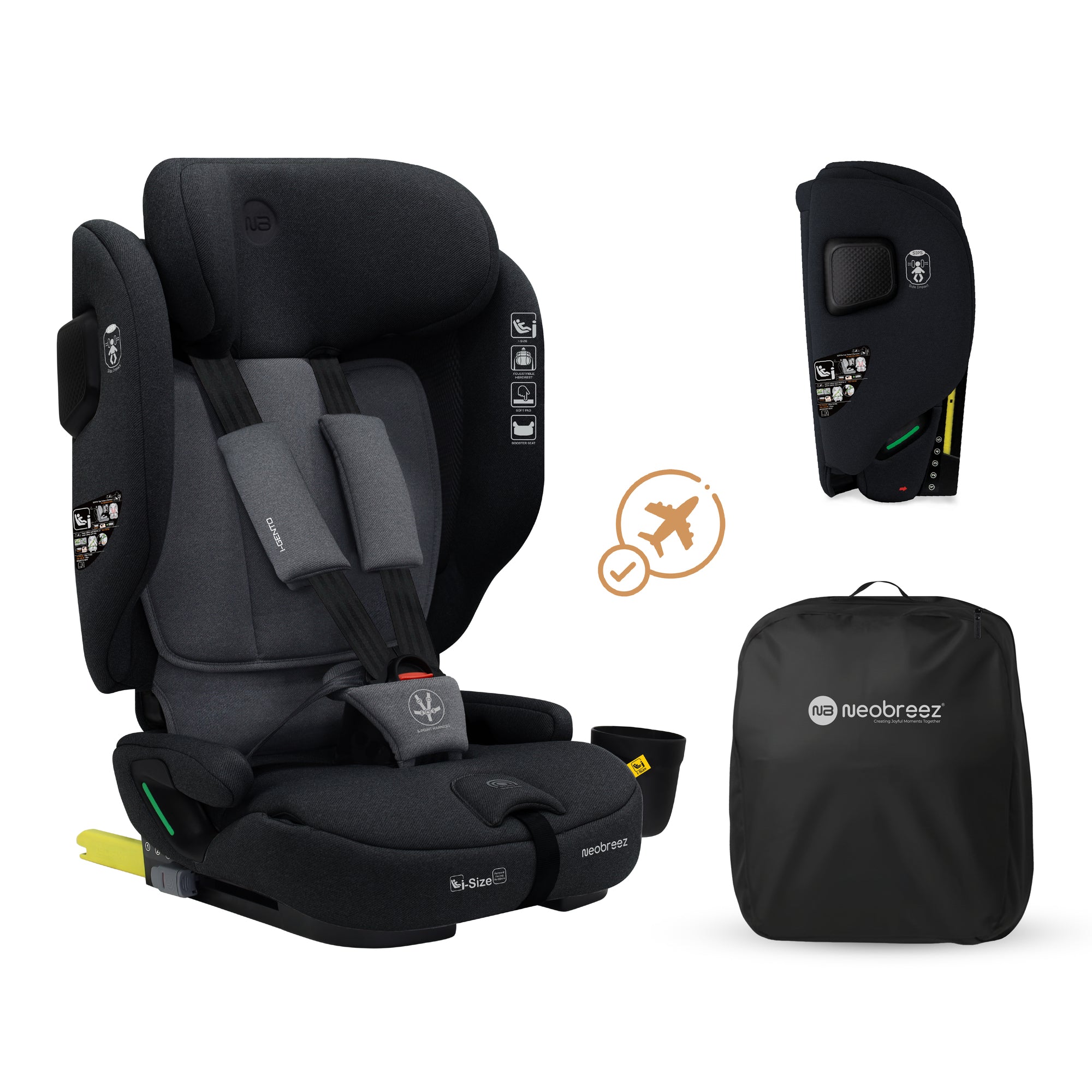 Neobreez - Gento Compact Foldable Travel Car seat with Isofix Group 1/2/3 - Black Grey