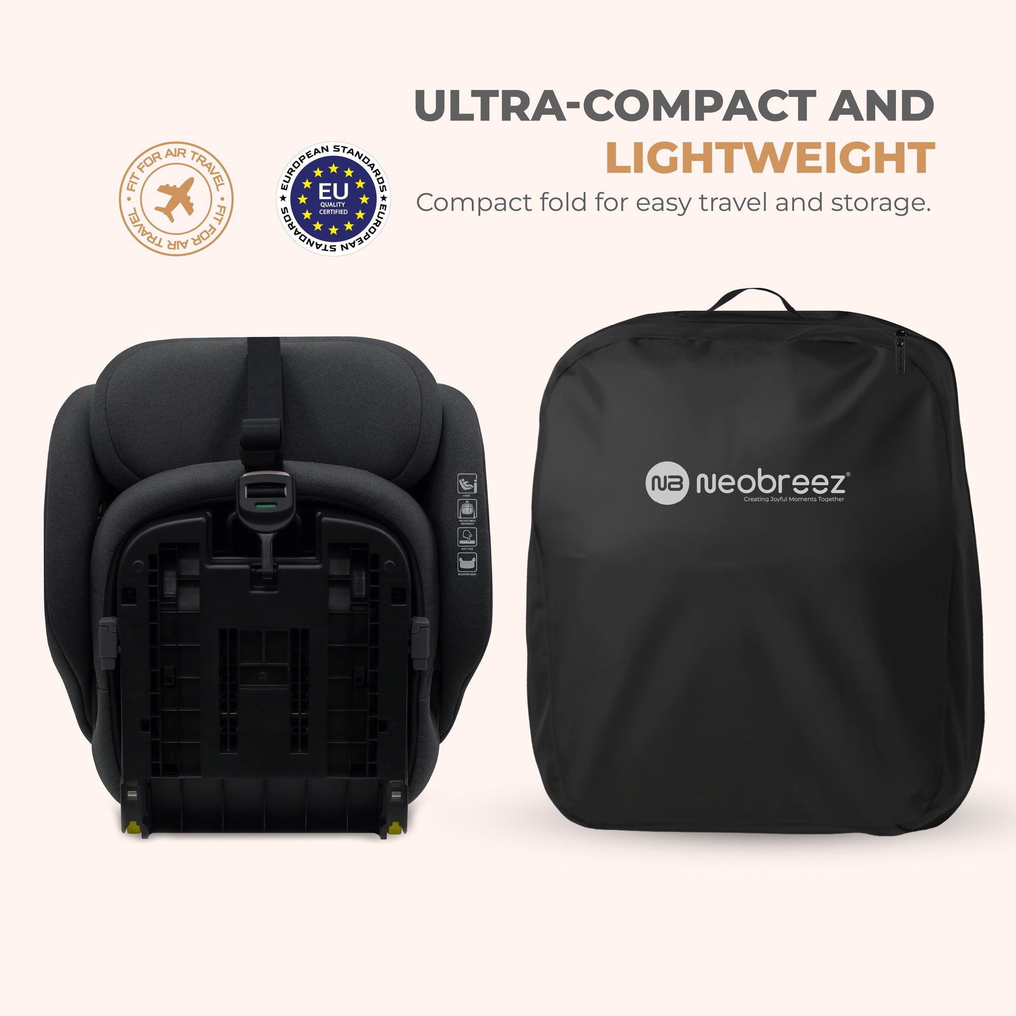 Neobreez - Gento Compact Foldable Travel Car seat with Isofix Group 1/2/3 - Black Grey