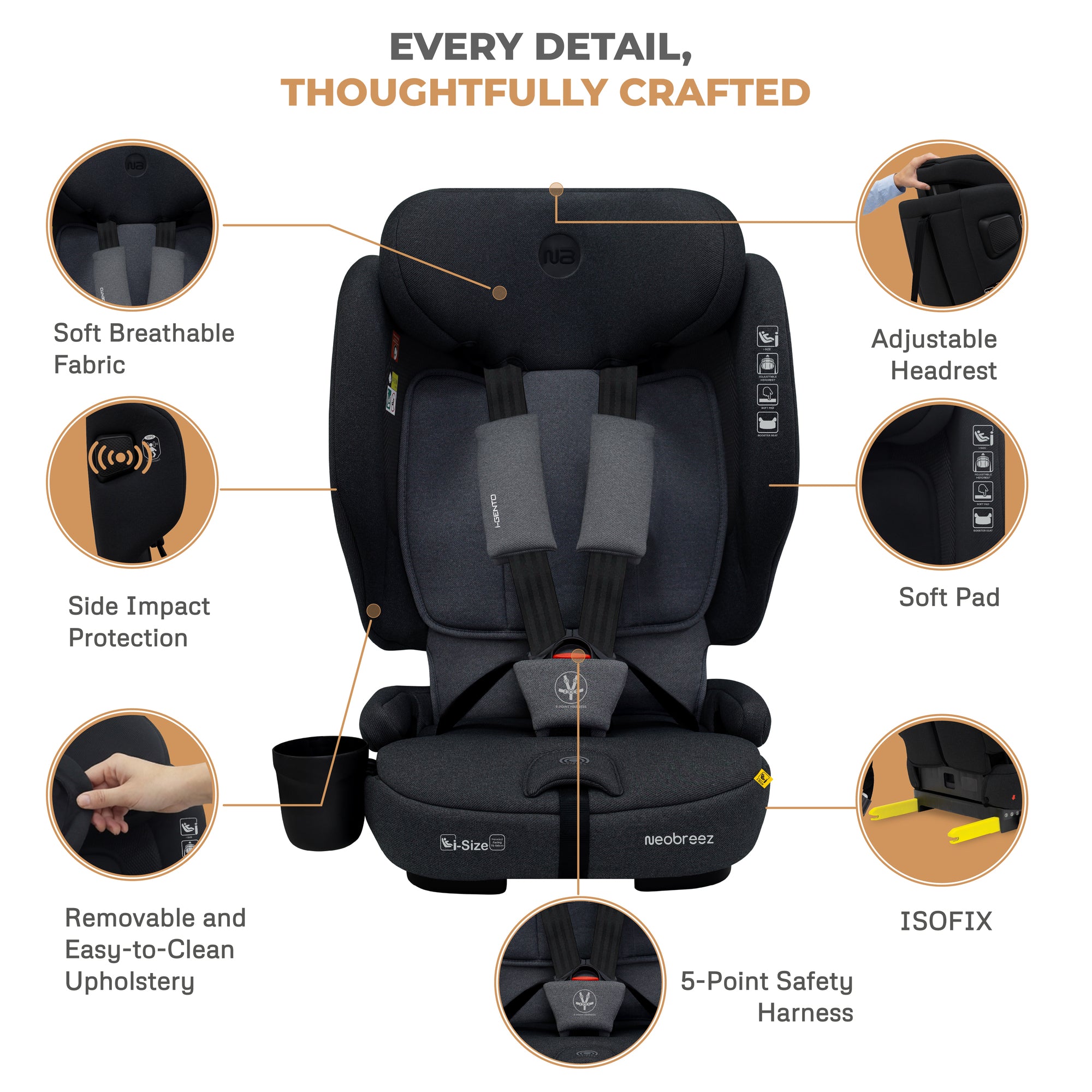 Neobreez - Gento Compact Foldable Travel Car seat with Isofix Group 1/2/3 - Black Grey