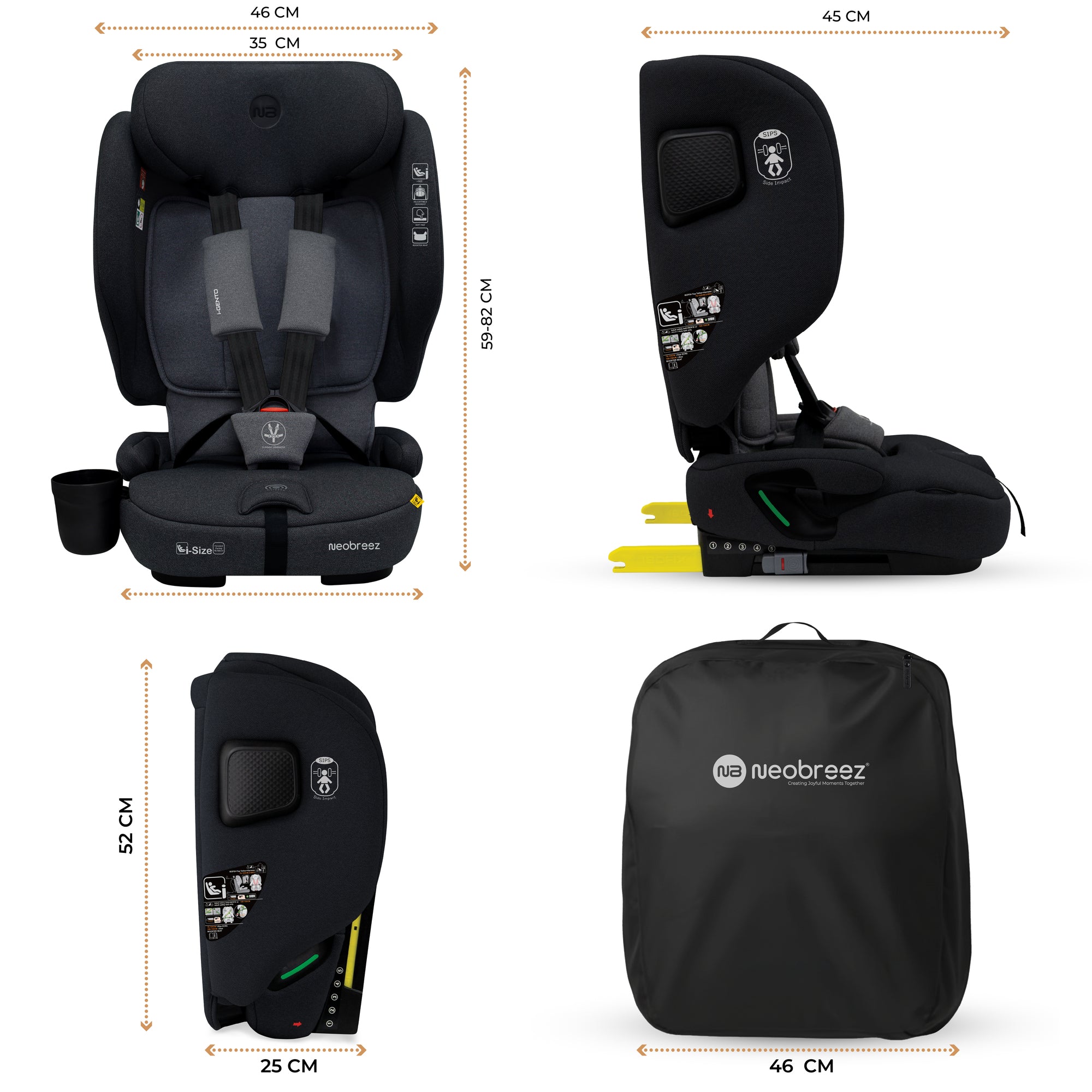 Neobreez - Gento Compact Foldable Travel Car seat with Isofix Group 1/2/3 - Black Grey