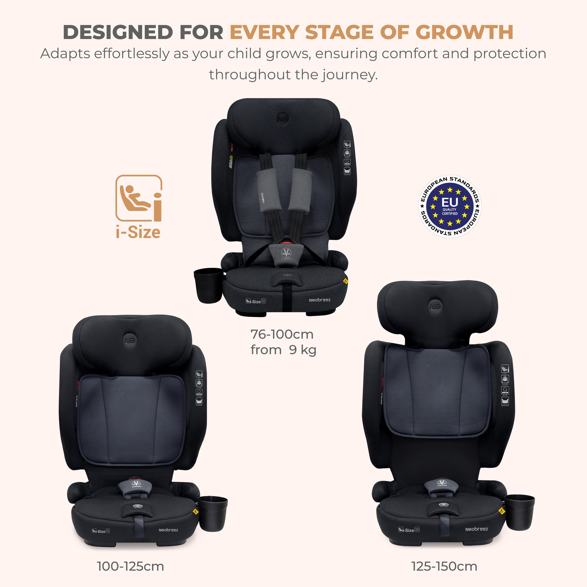 Neobreez - Gento Compact Foldable Travel Car seat with Isofix Group 1/2/3 - Black Grey