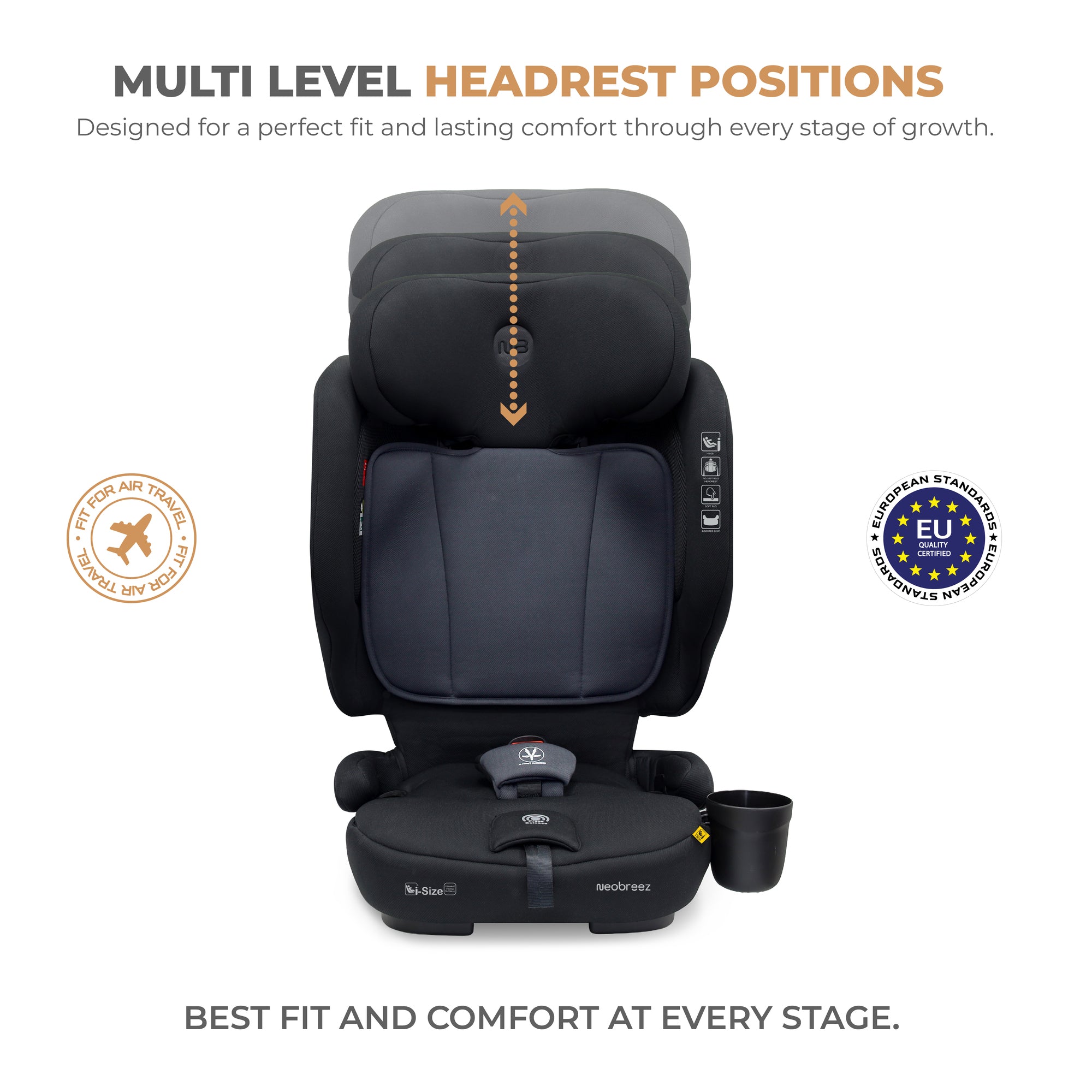 Neobreez - Gento Compact Foldable Travel Car seat with Isofix Group 1/2/3 - Black Grey