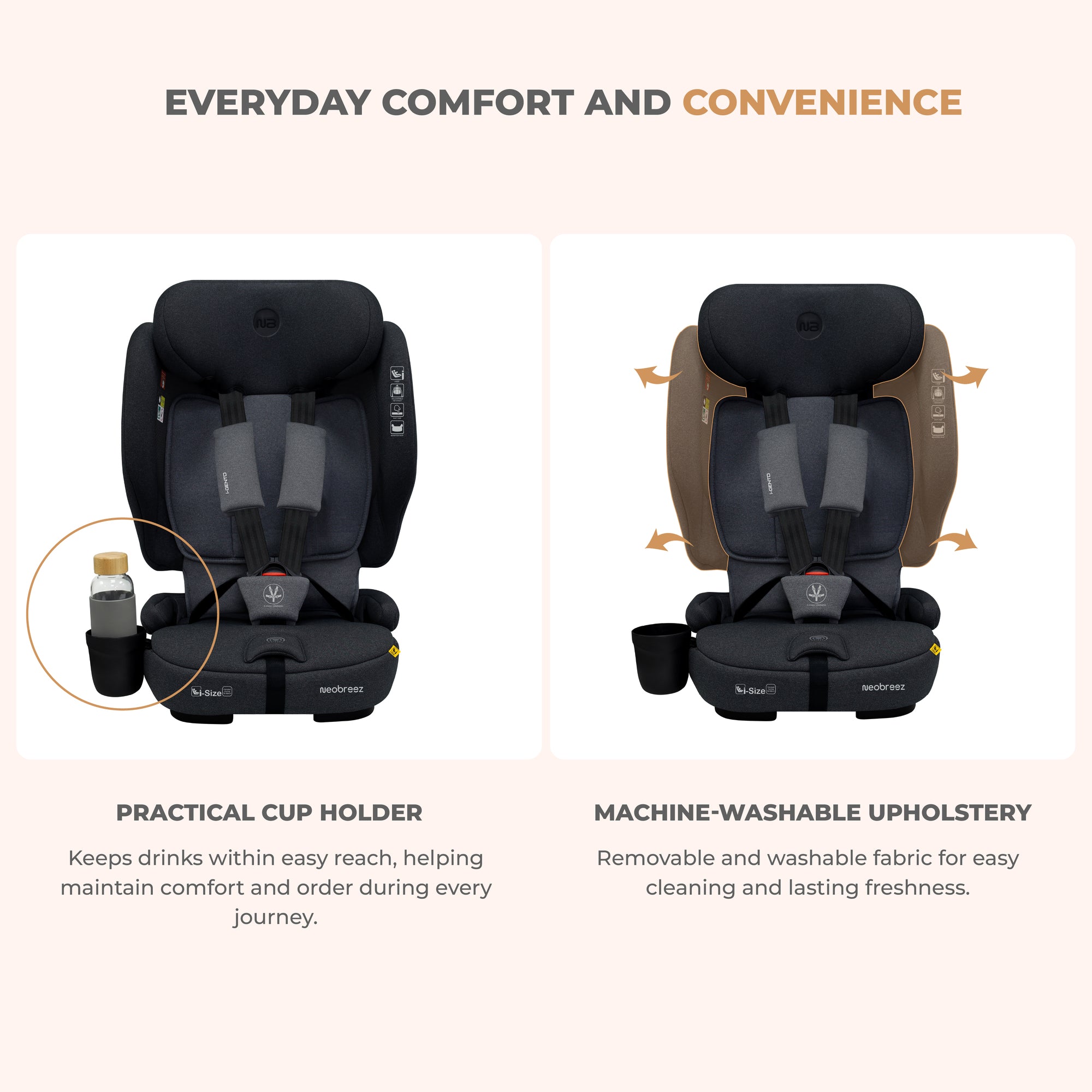 Neobreez - Gento Compact Foldable Travel Car seat with Isofix Group 1/2/3 - Black Grey