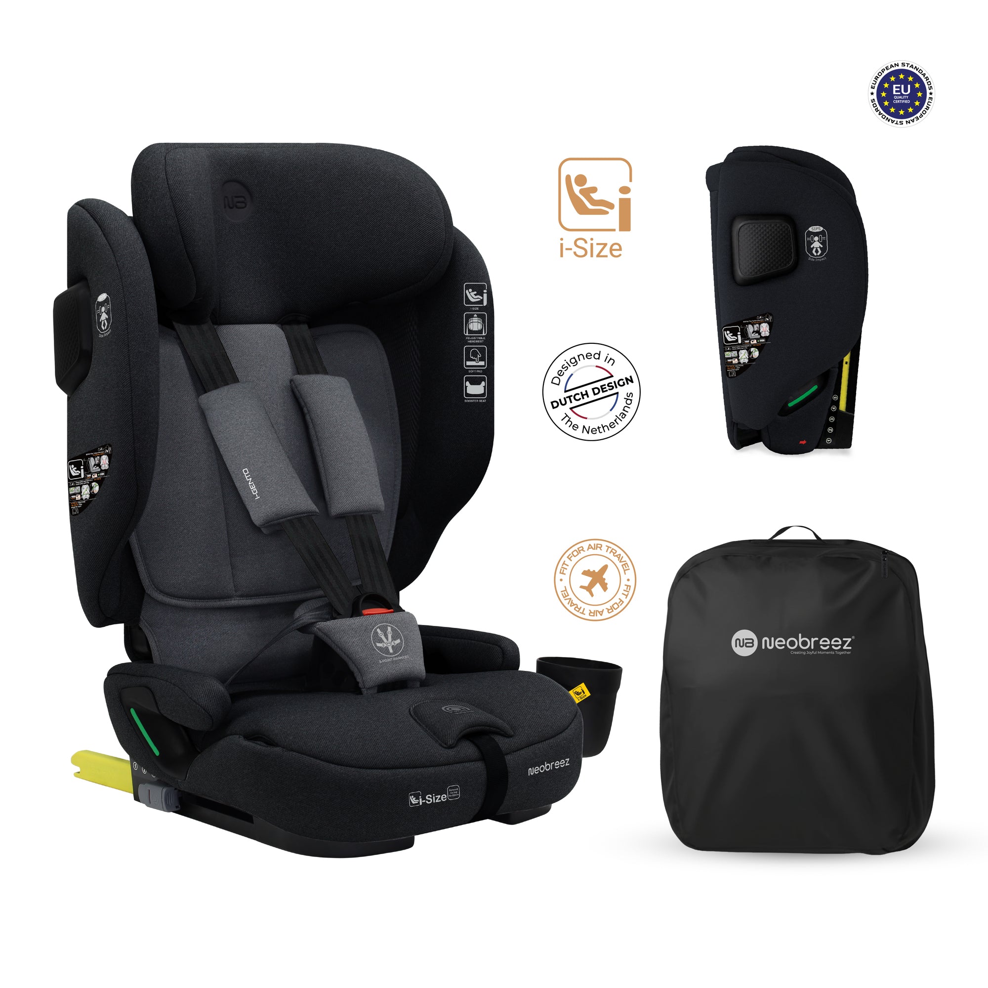 Neobreez - Gento Compact Foldable Travel Car seat with Isofix Group 1/2/3 - Black Grey