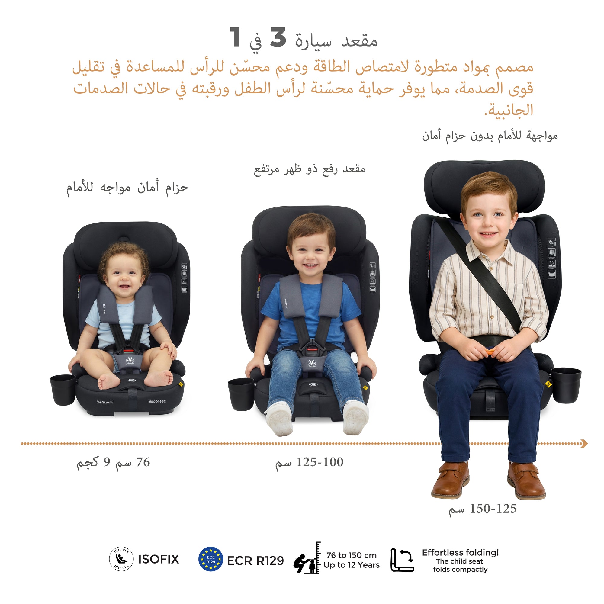 Neobreez - Gento Compact Foldable Travel Car seat with Isofix Group 1/2/3 - Black Grey