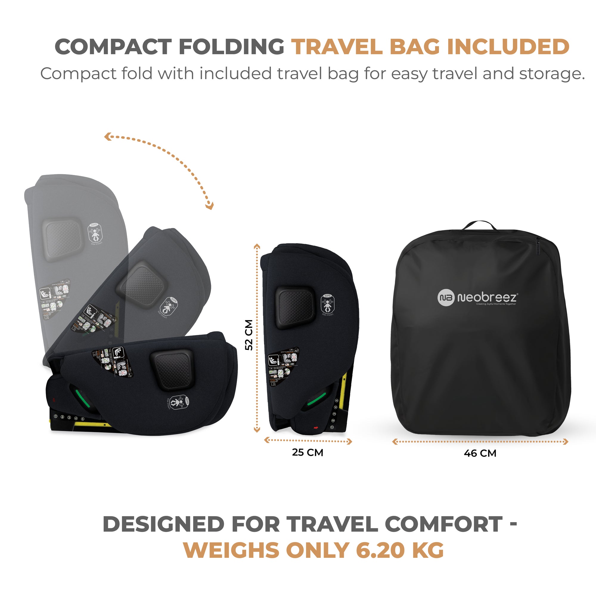 Neobreez - Gento Compact Foldable Travel Car seat with Isofix Group 1/2/3 - Black Grey