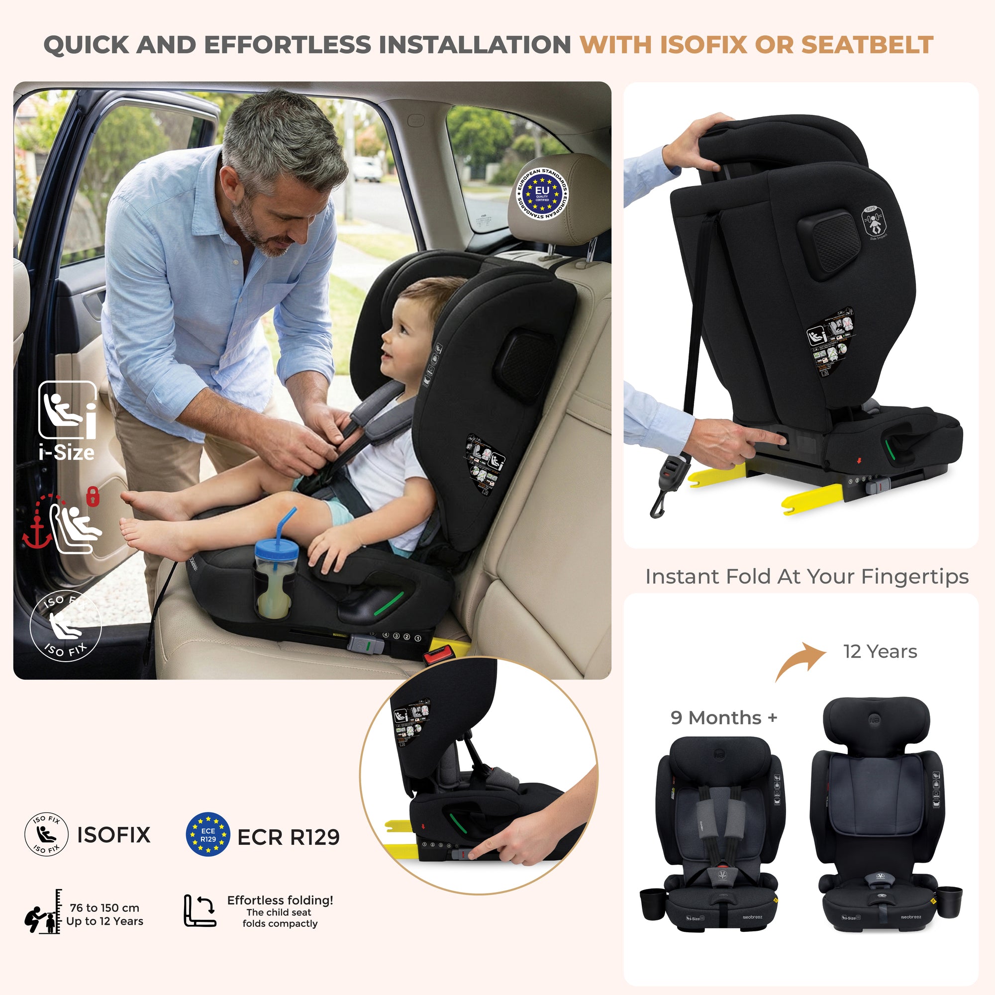 Neobreez - Gento Compact Foldable Travel Car seat with Isofix Group 1/2/3 - Black Grey