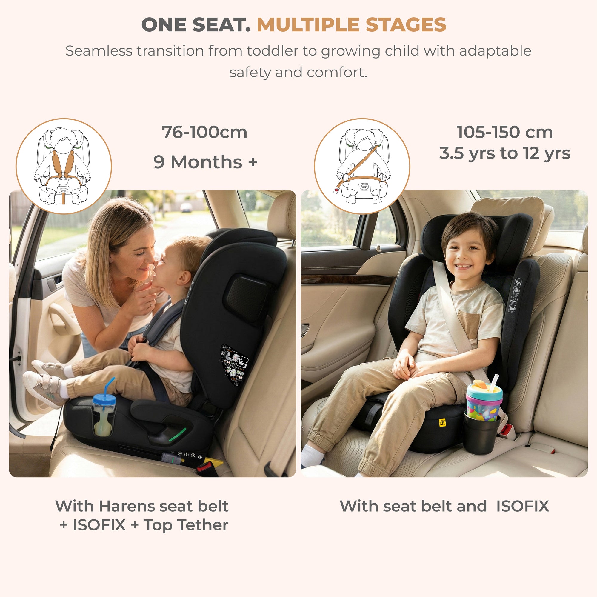 Neobreez - Gento Compact Foldable Travel Car seat with Isofix Group 1/2/3 - Black Grey