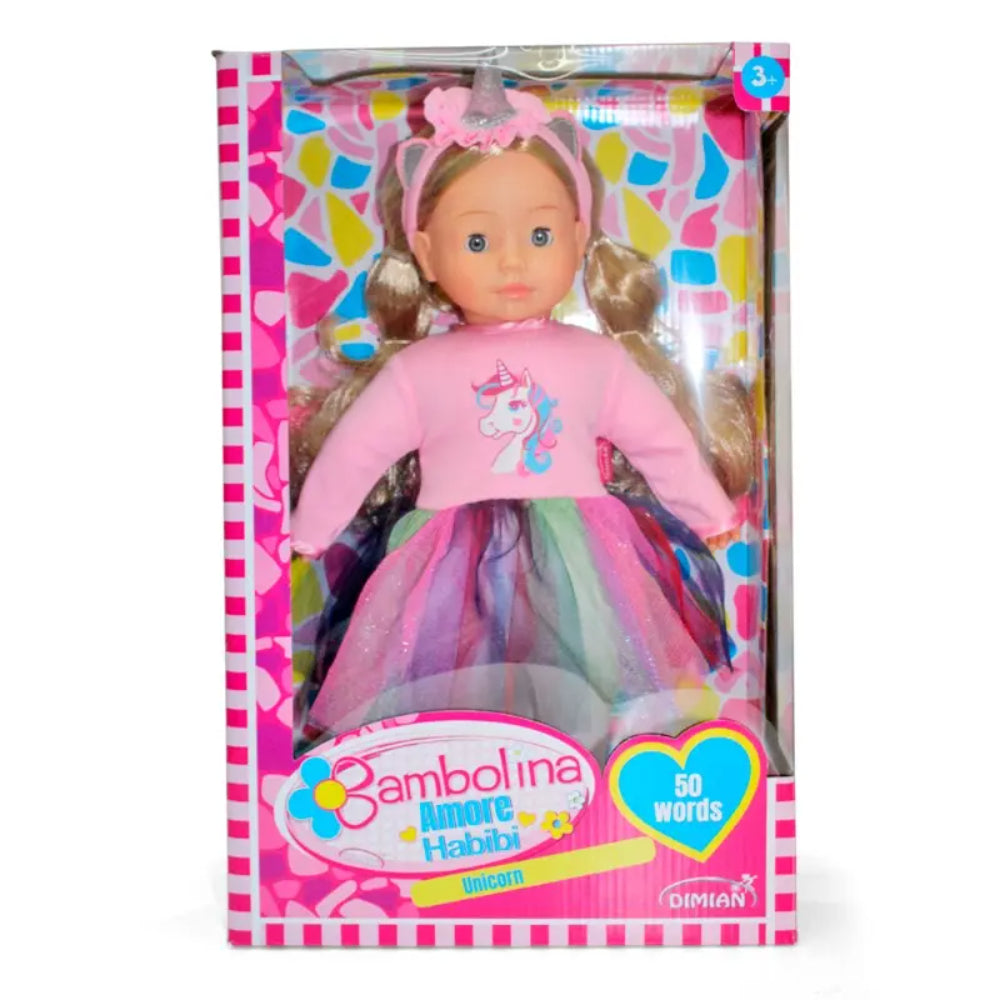 Bambolina Molly unicorn doll with Arabic words 40cm
