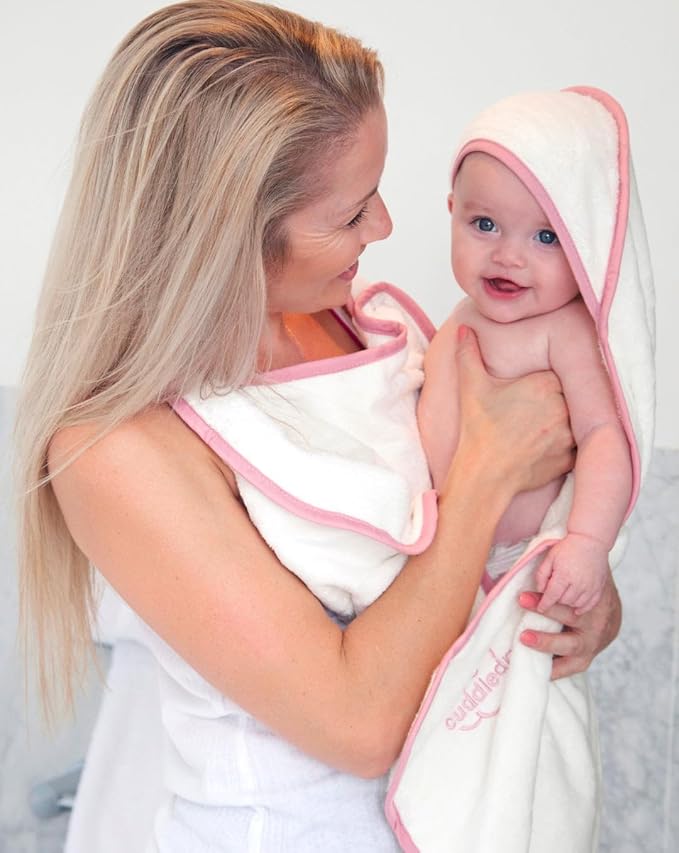 Cuddledry Handsfree Baby Towel Hooded White with Pink Edge Cuddledry Yallatoys