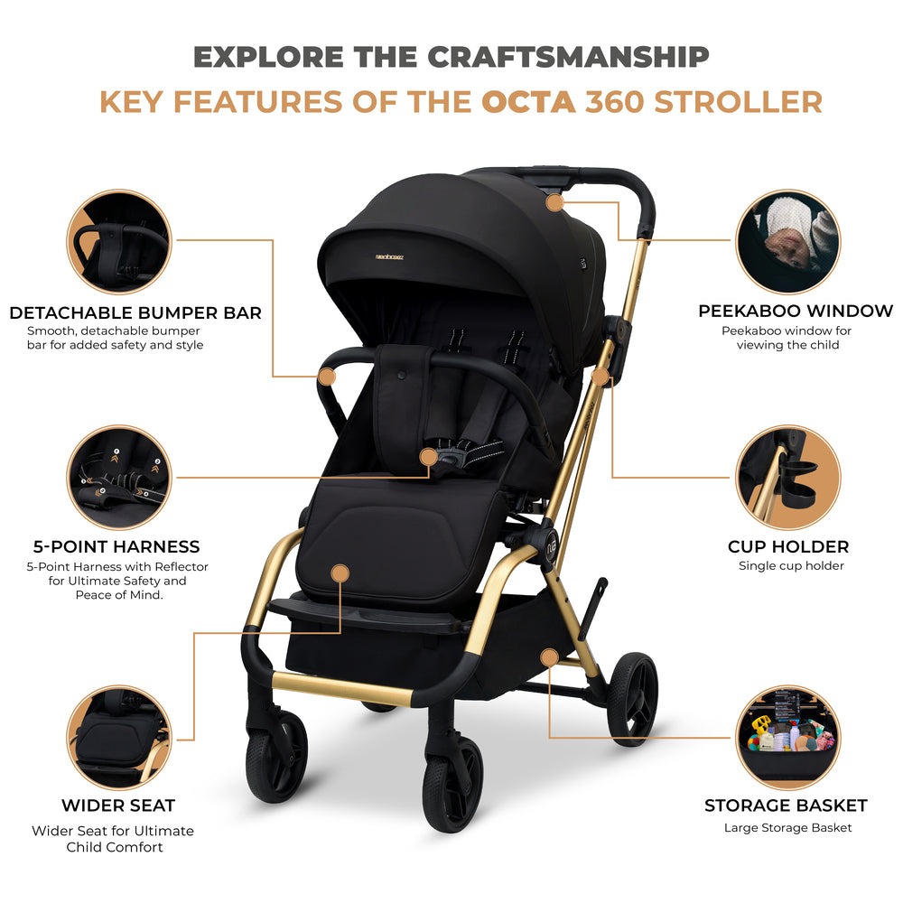 Neobreez Octa 360 Degree Rotate Lightweight Compact Travel Stroller Black