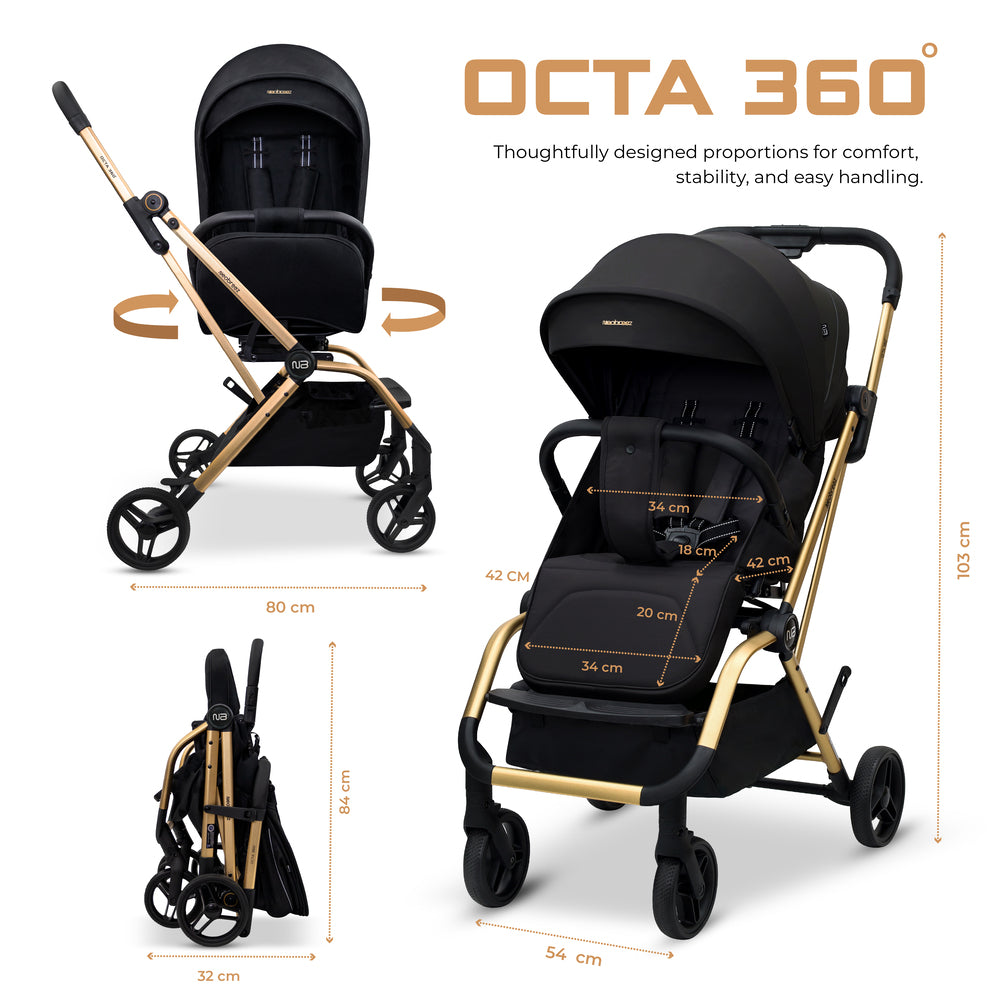 Neobreez Octa 360 Degree Rotate Lightweight Compact Travel Stroller Black