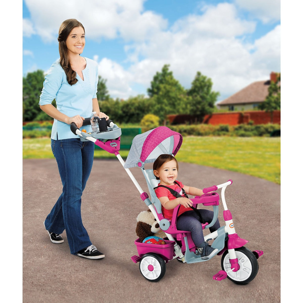 Features Girls Pink Tricycle with mom