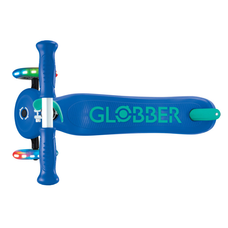 Globber Primo Plus Lights Scooter - Navy Blue and Emerald Green