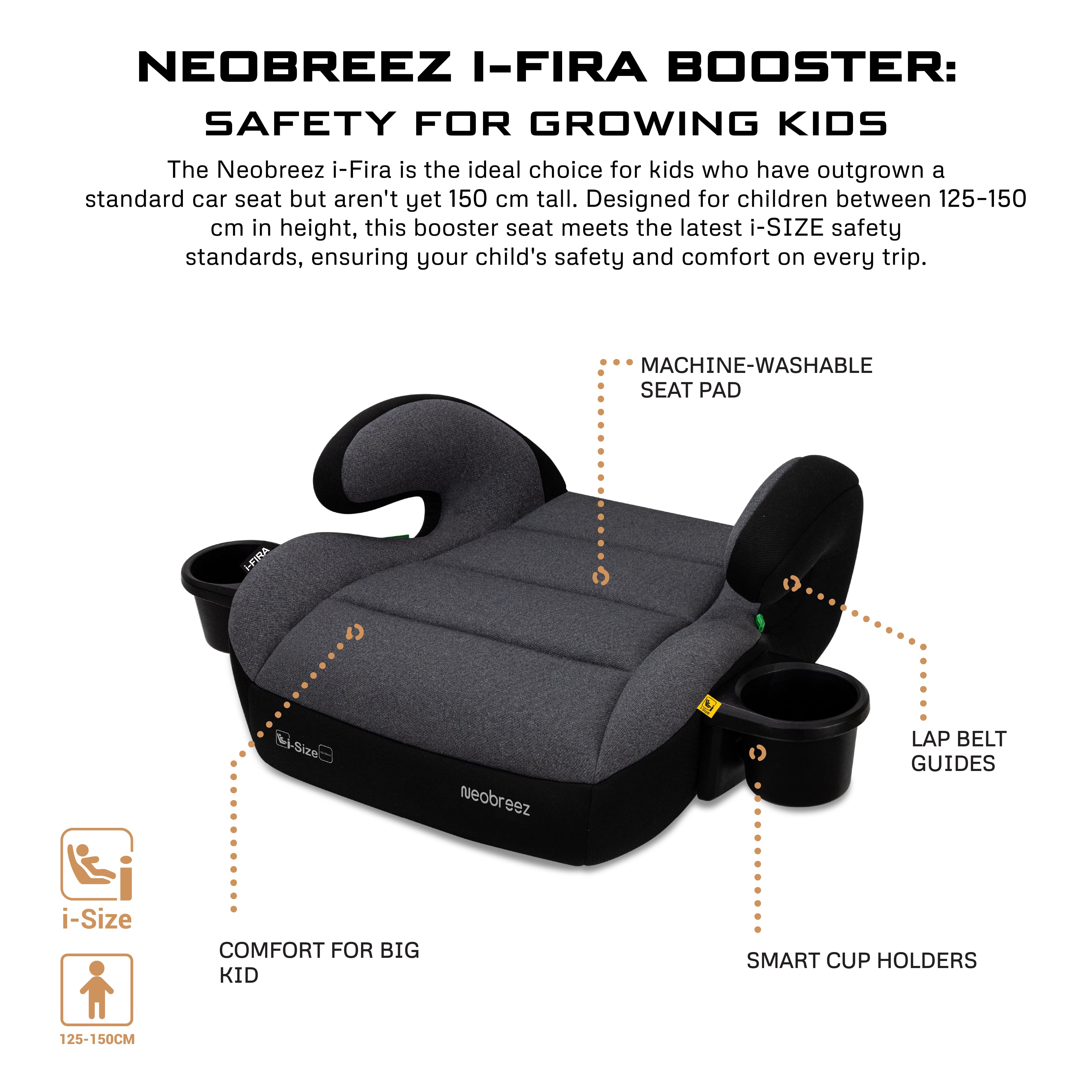 Neobreez I Fira I Size Backless Booster Seat With 2 Cup Holders Grey/Black