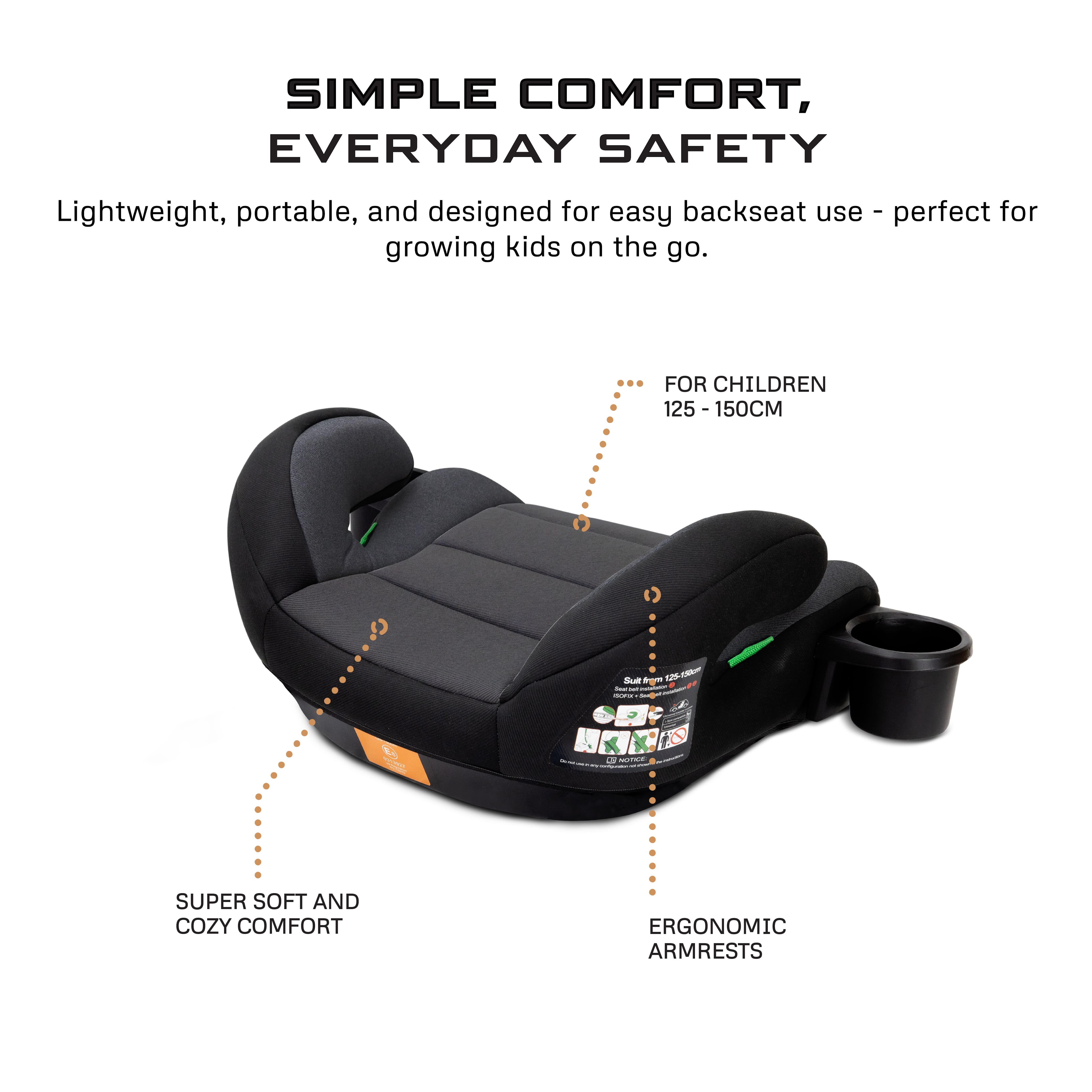 Neobreez I Fira I Size Backless Booster Seat With 2 Cup Holders Grey/Black