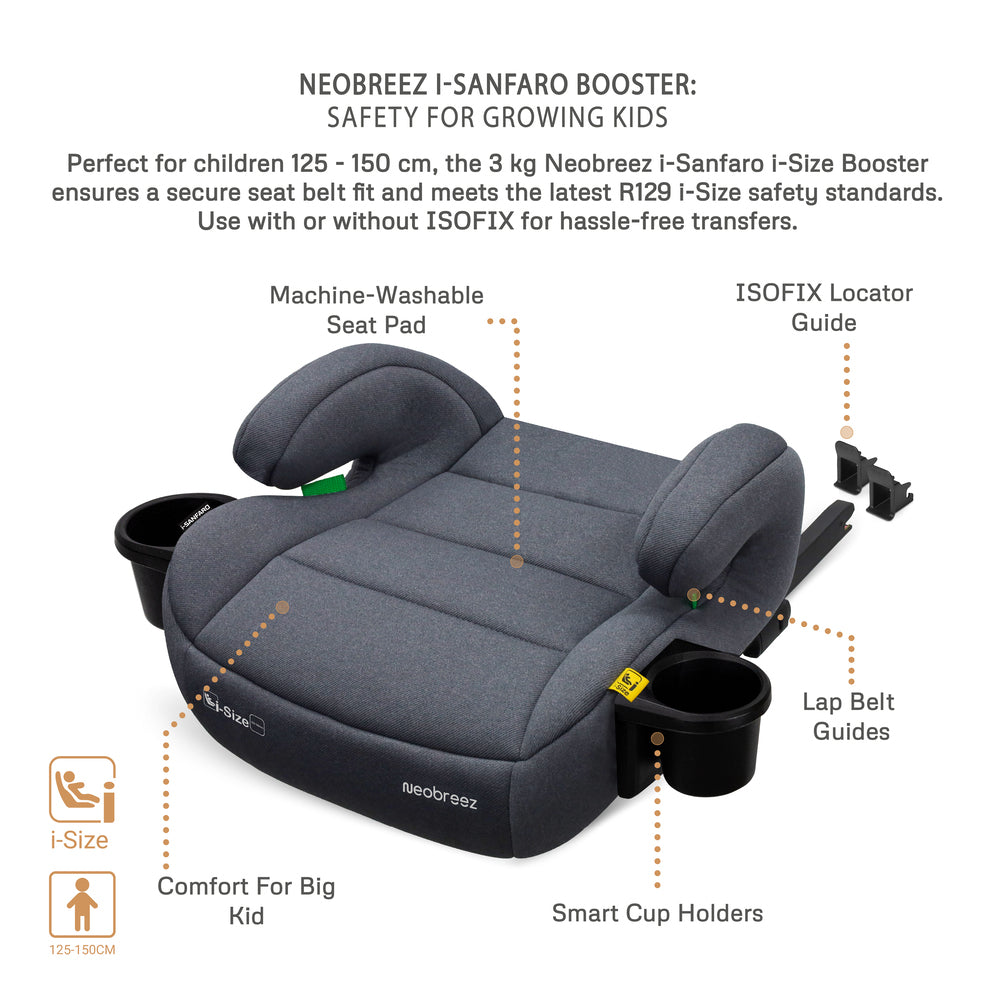 Neobreez I Sanfaro Isofix Backless Booster I Size Car Seat Grey