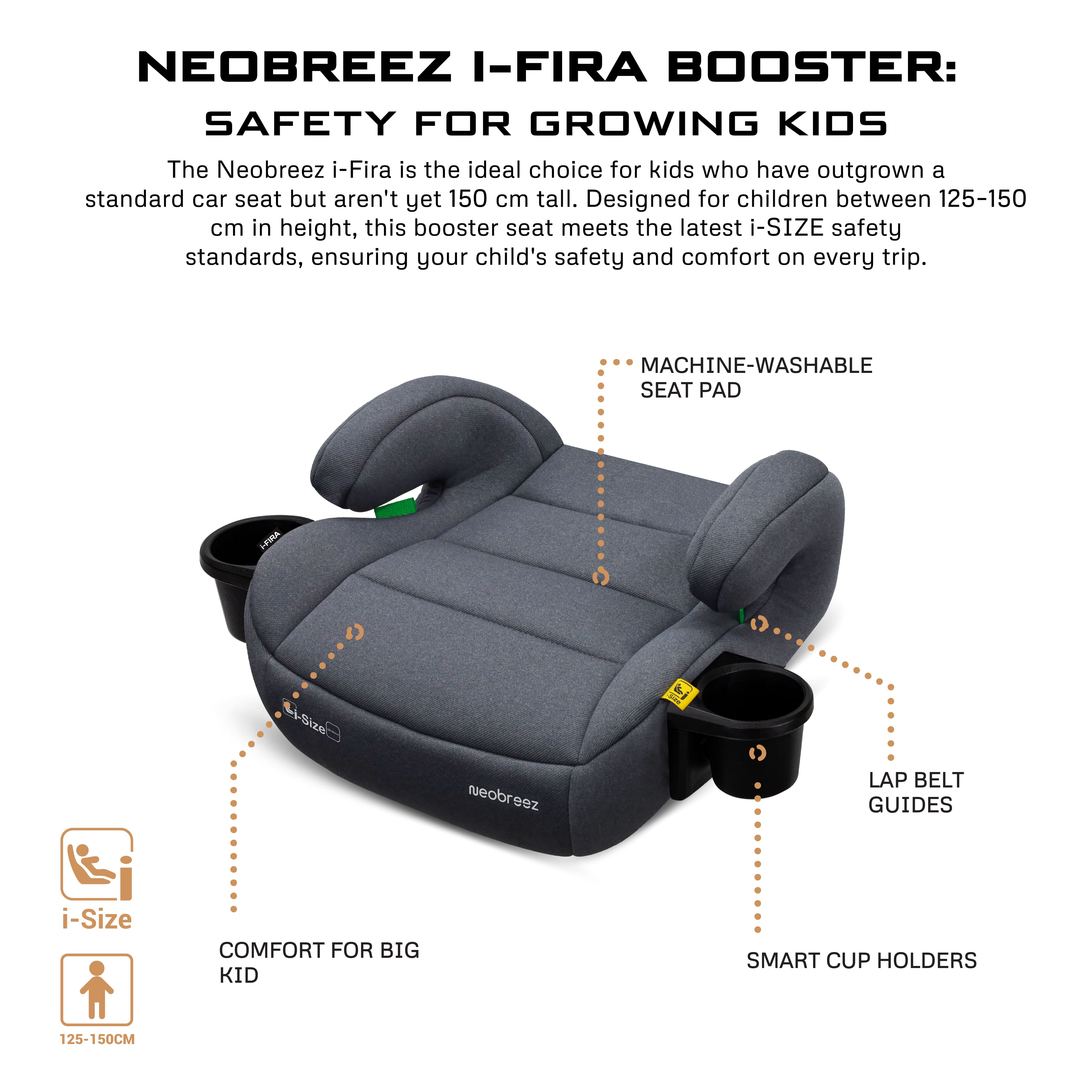 Neobreez I Fira I Size Backless Booster Seat With 2 Cup Holders Grey