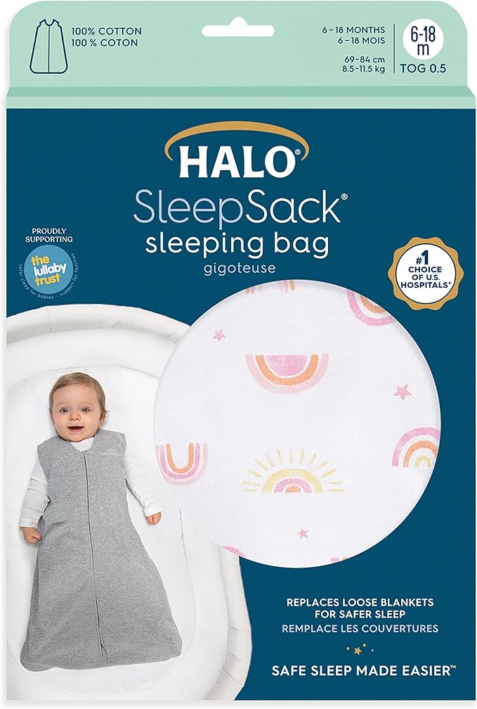 Halo Baby Sleeping Bag 0.5 Tog SleepSack 100% Cotton Sunshine Rainbows 6 to 18 months Halo Yallatoys
