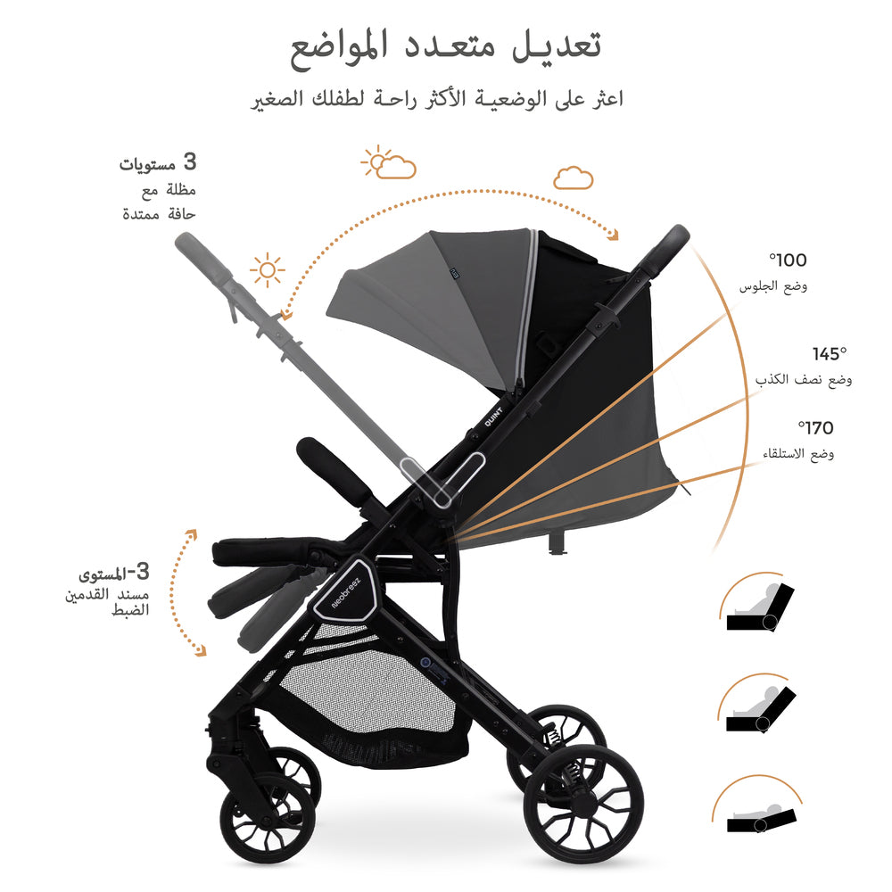 Neobreez Quint Reversible Handle Compact Travel Stroller Black Neobreez Yallatoys