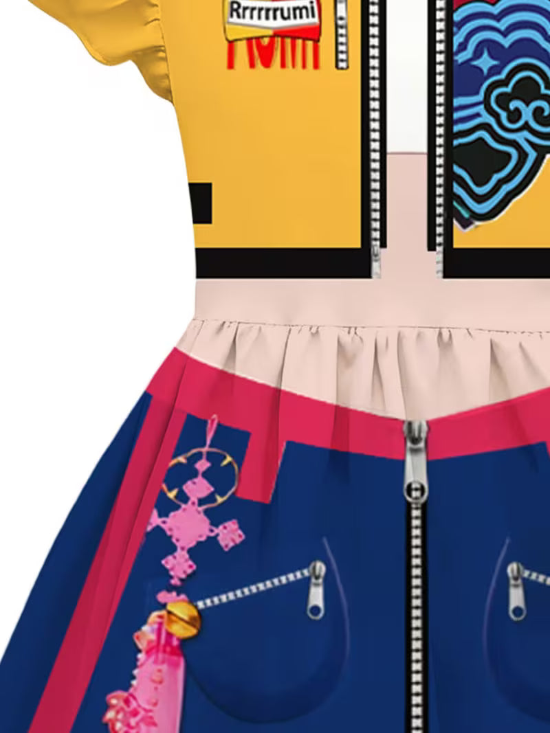 K-Pop Cute Puff Sleeve Dress Yellow Blue