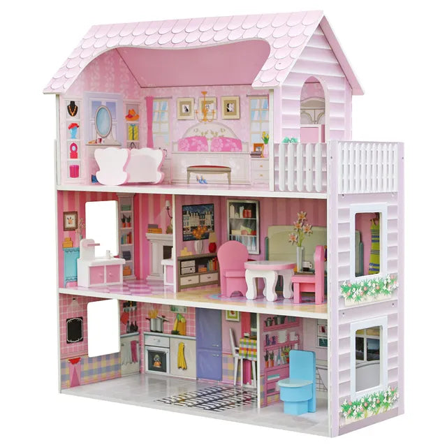 Kids wooden dollhouse with furniture