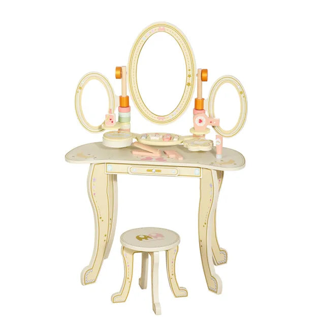 Little Angel Kids Wooden Princess Dressing Table With 3 Mirror and Stool Beige 7Pcs Little Angel Yallatoys
